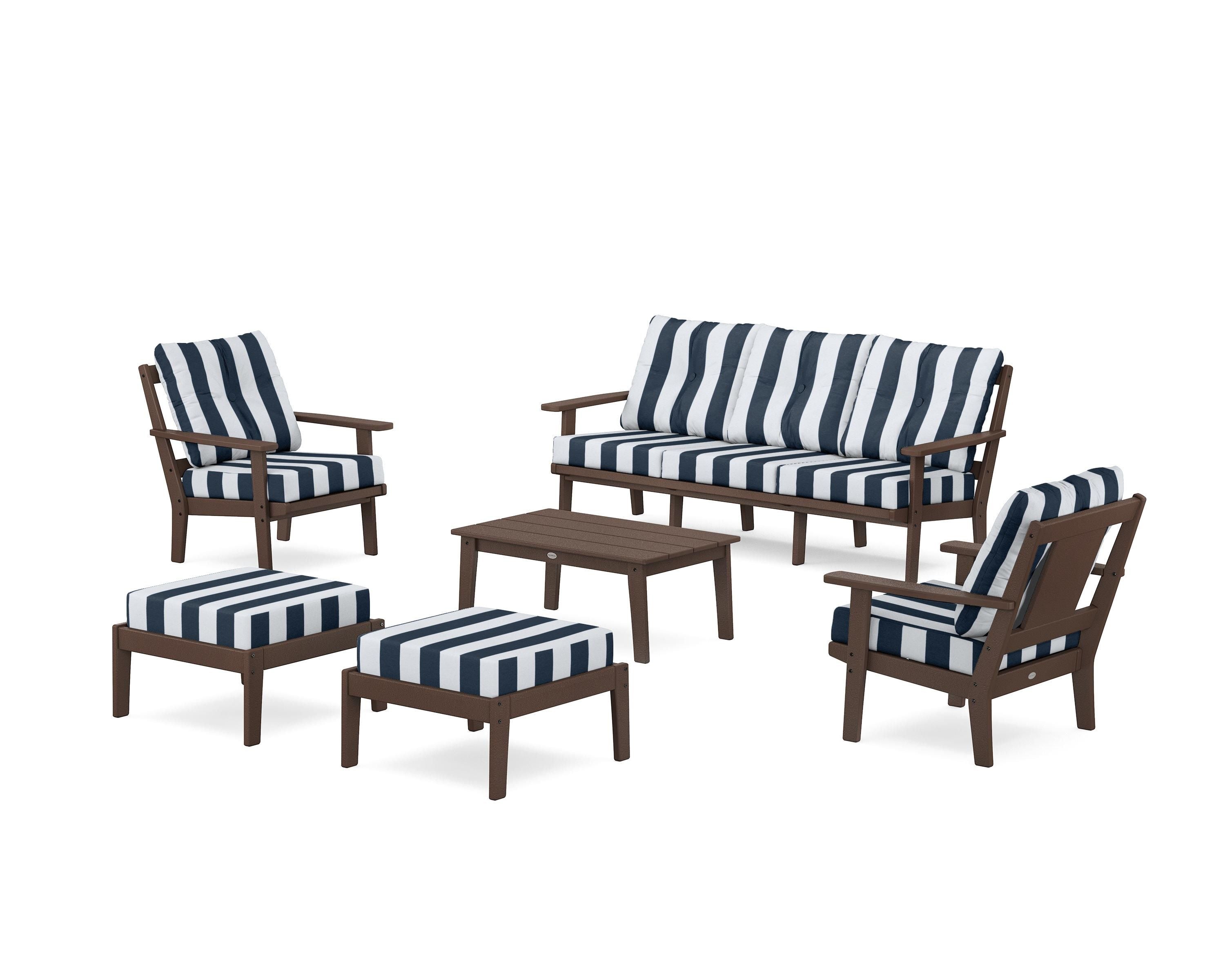 POLYWOOD® Prairie 6-Piece Lounge Sofa Set in Mahogany / Cabana Stripe Marine Indigo