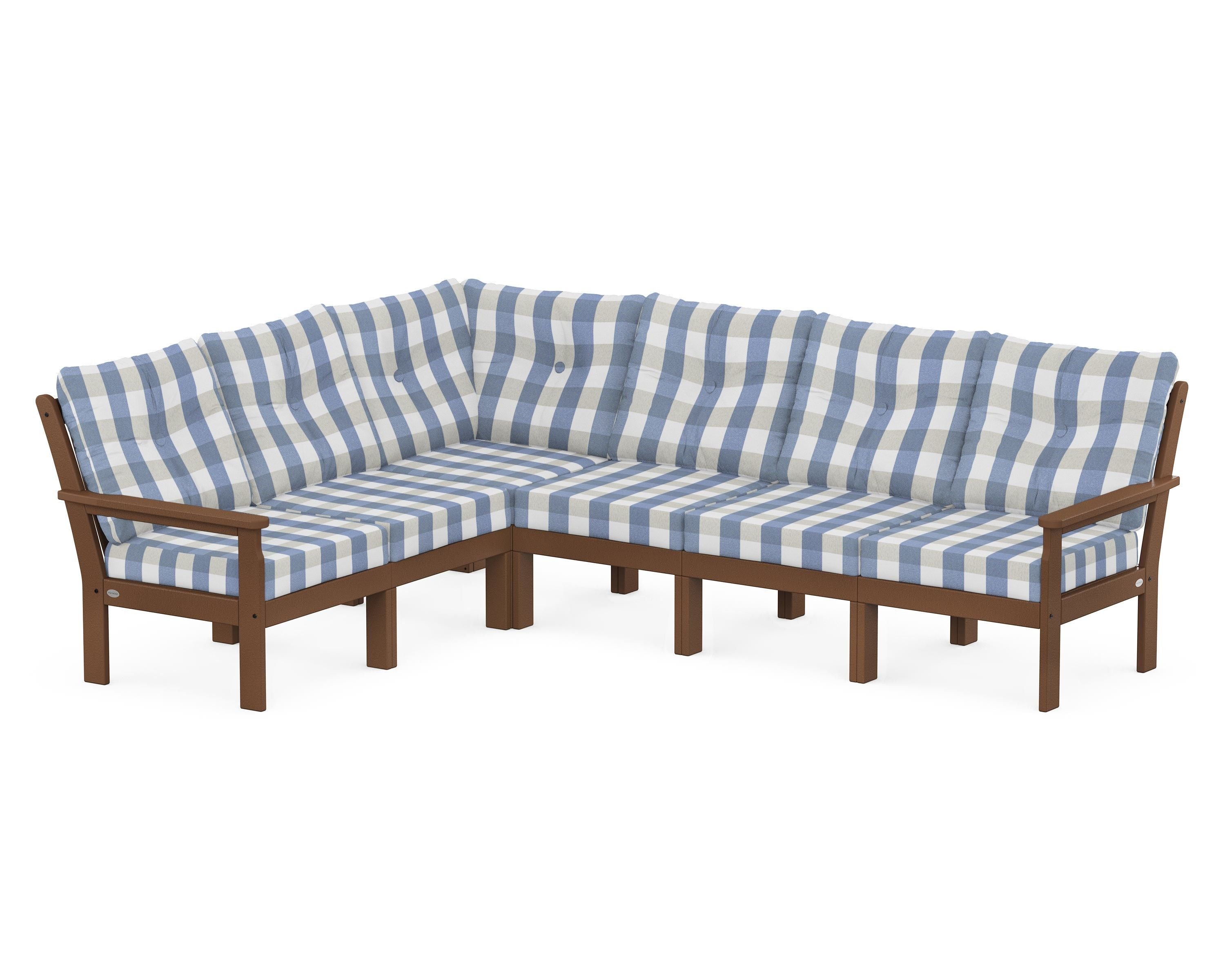 POLYWOOD® Vineyard 6-Piece Sectional in Teak / Buffalo Plaid Sky Blue