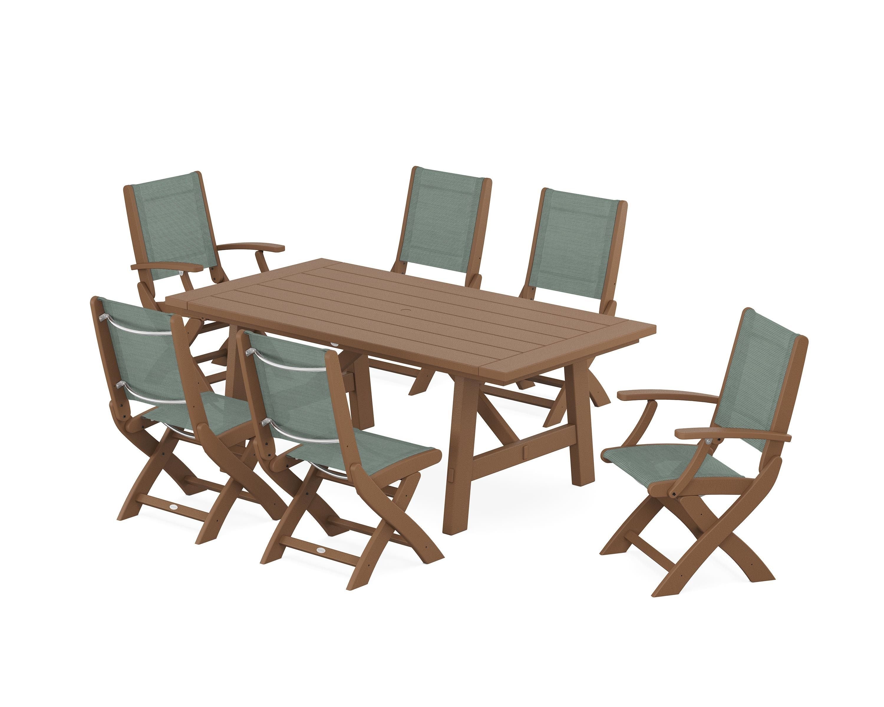 POLYWOOD® Coastal Folding Chair 7-Piece Rustic Farmhouse Dining Set in Teak / Dupioni Sea Mist Sling