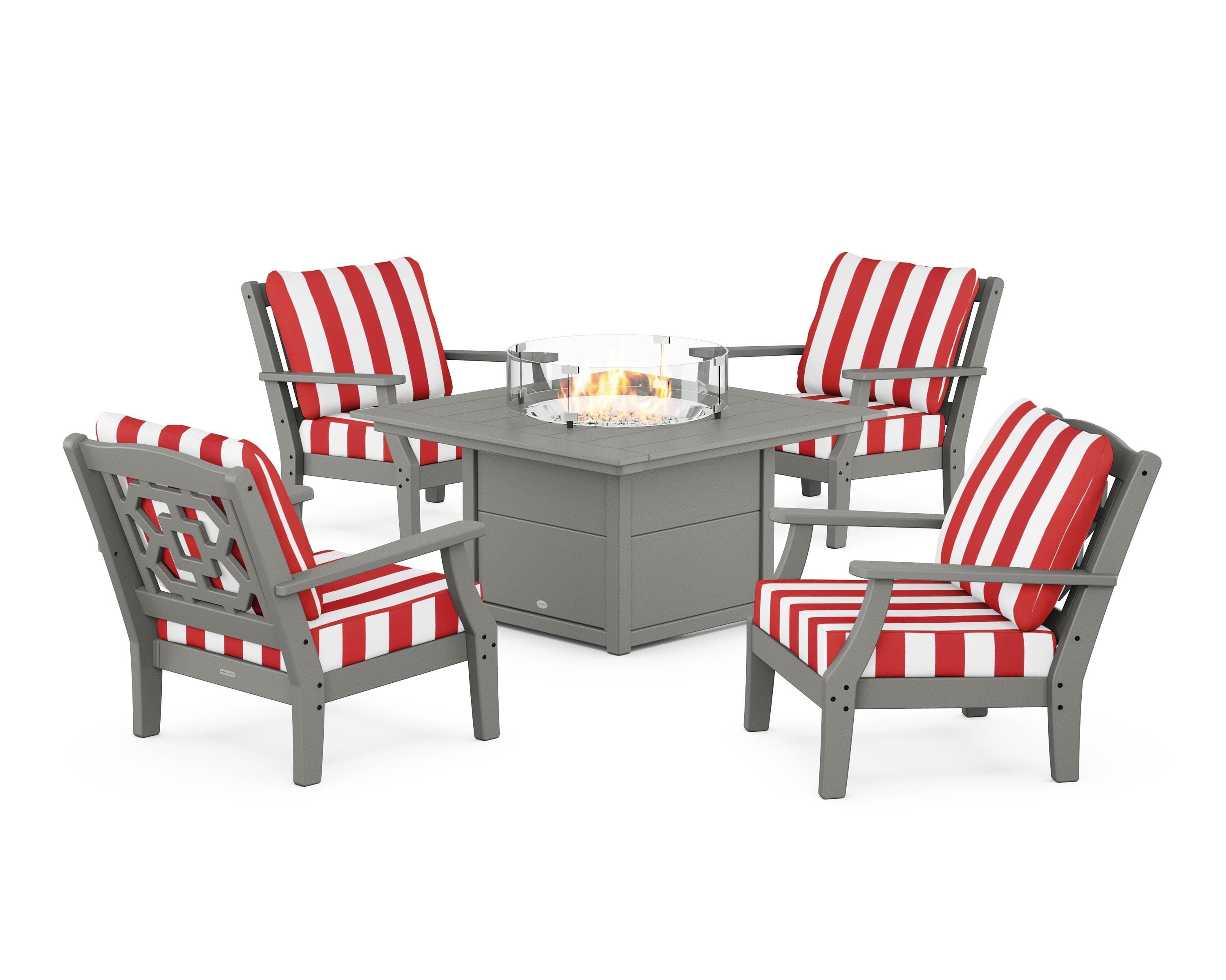 Martha Stewart by POLYWOOD® Chinoiserie 5-Piece Deep Seating Set with Fire Pit Table in Slate Grey / Cabana Stripe Crimson