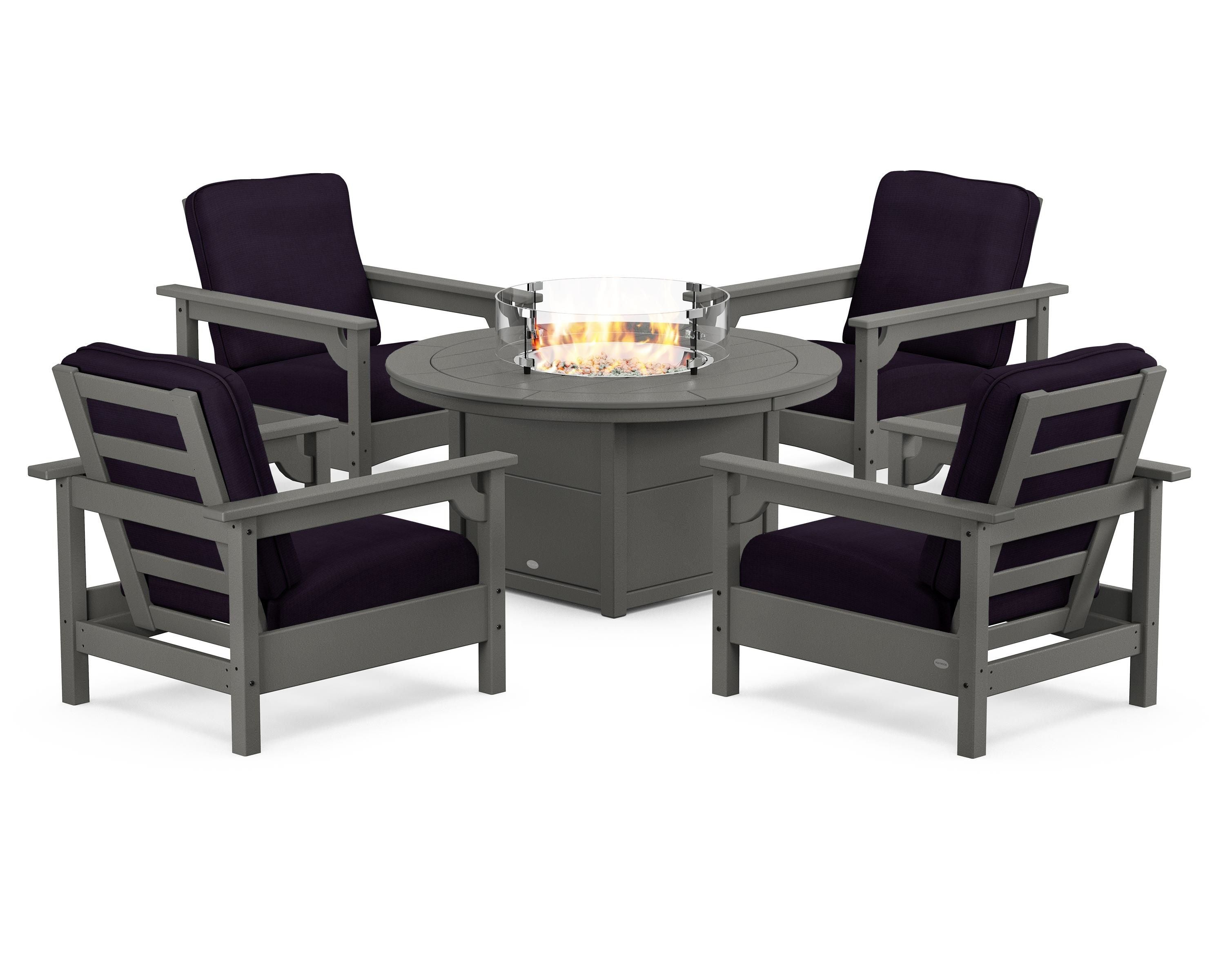 POLYWOOD® Club 5-Piece Conversation Set with Fire Pit Table in Slate Grey / Navy Linen