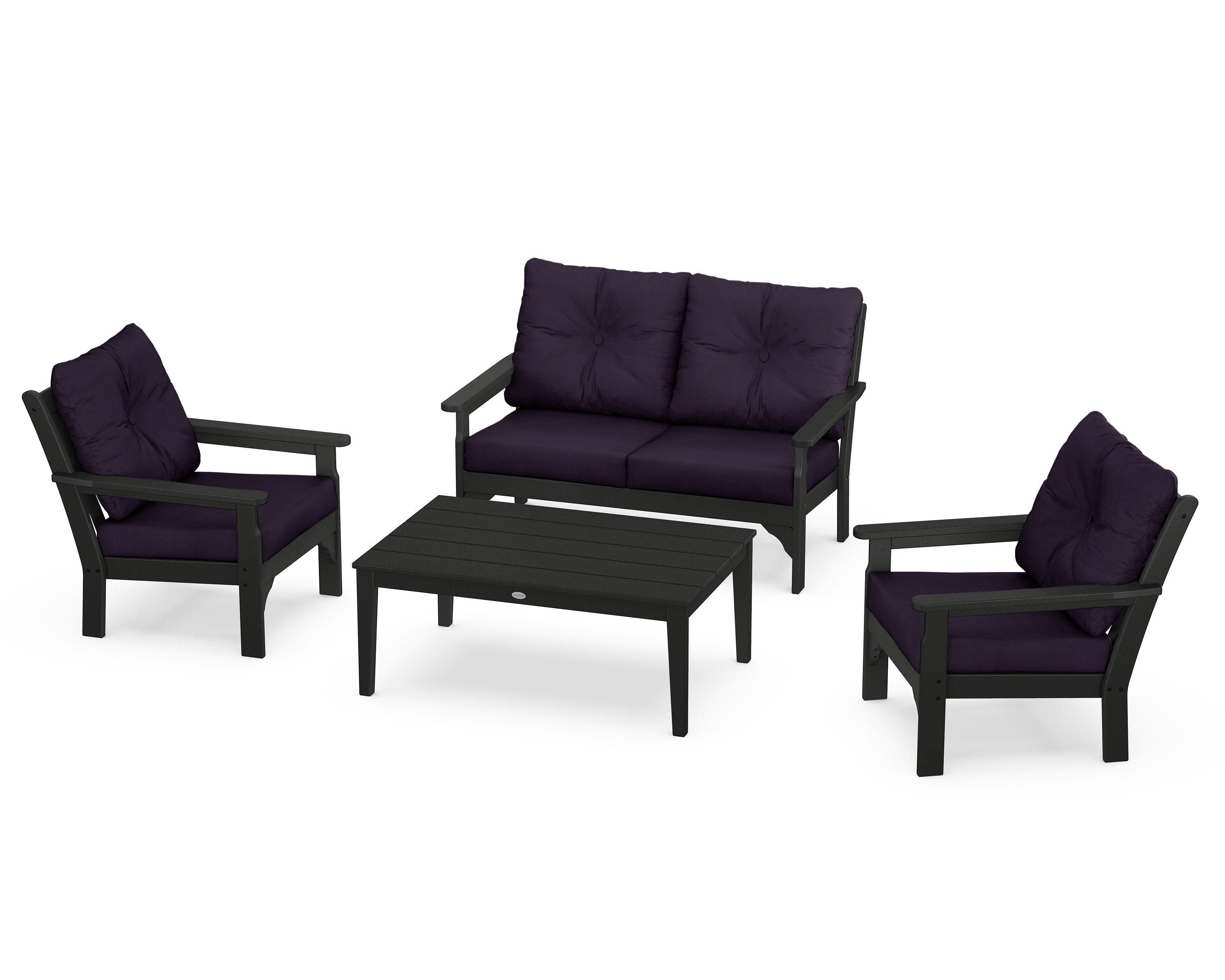 POLYWOOD® Vineyard 4-Piece Deep Seating Set in Black / Navy Linen
