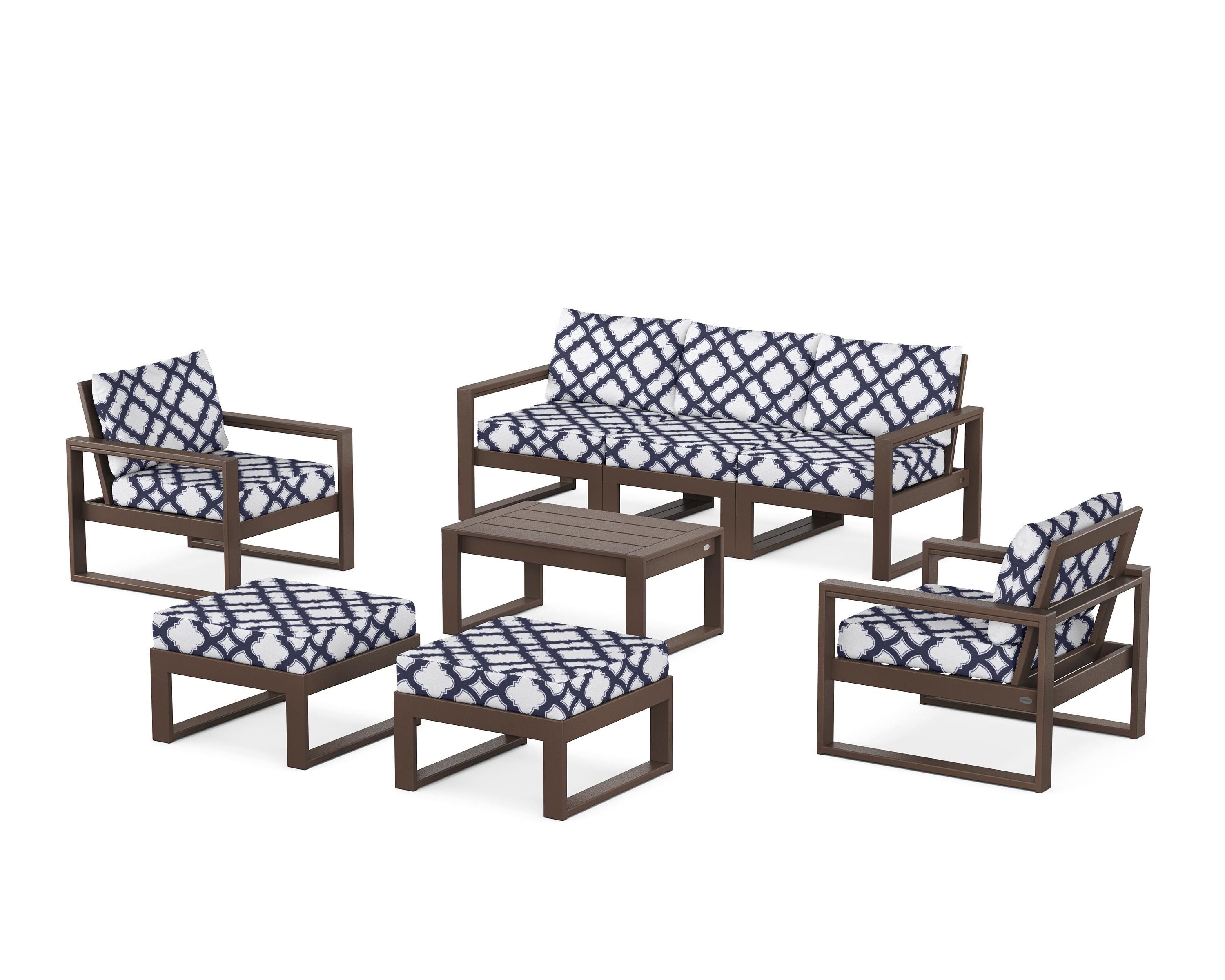 POLYWOOD® EDGE Sectional 8-Piece Lounge Sofa Set in Mahogany / Trellis Navy