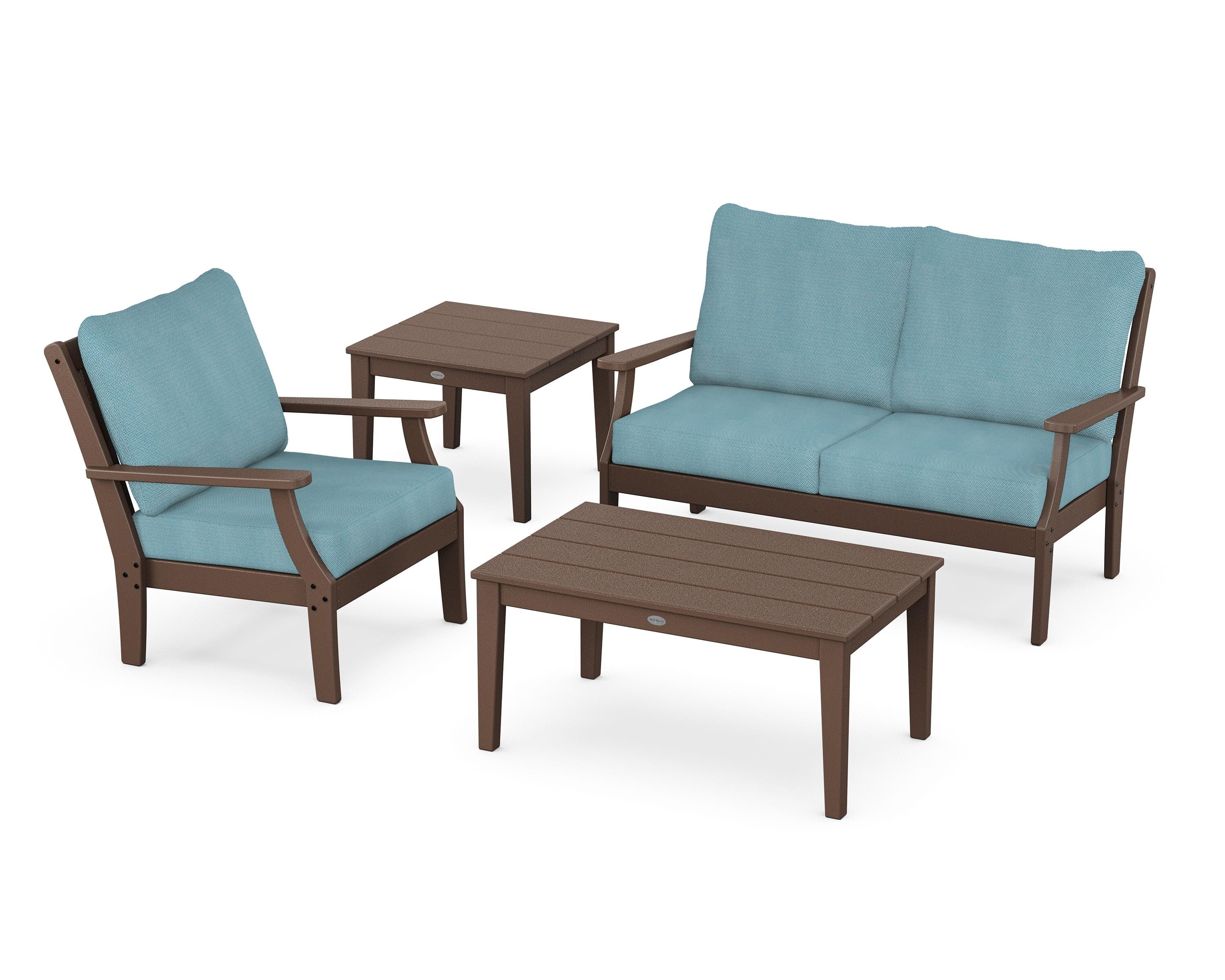 POLYWOOD® Braxton 4-Piece Deep Seating Set in Mahogany / Lattice Sky Blue