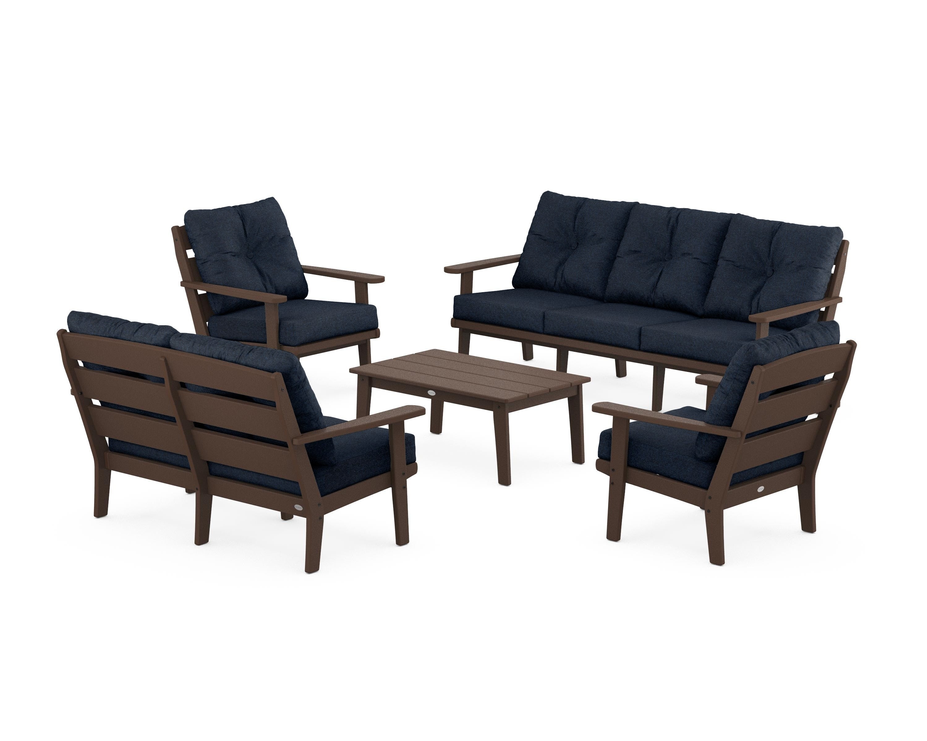 POLYWOOD® Lakeside 5-Piece Lounge Sofa Set in Mahogany / Marine Indigo