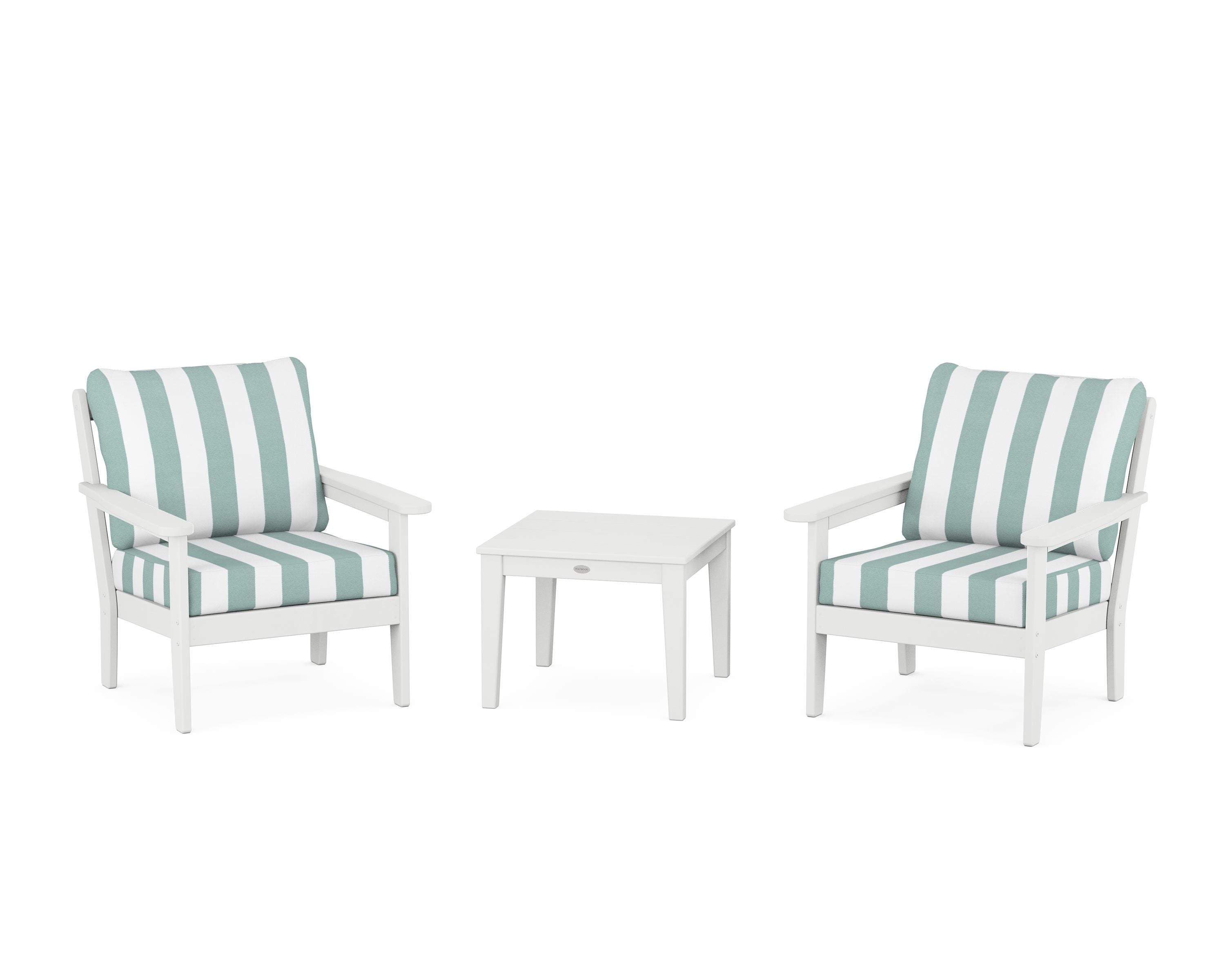 Country Living Cottage 3-Piece Deep Seating Set in White / Cabana Stripe Glacier Spa