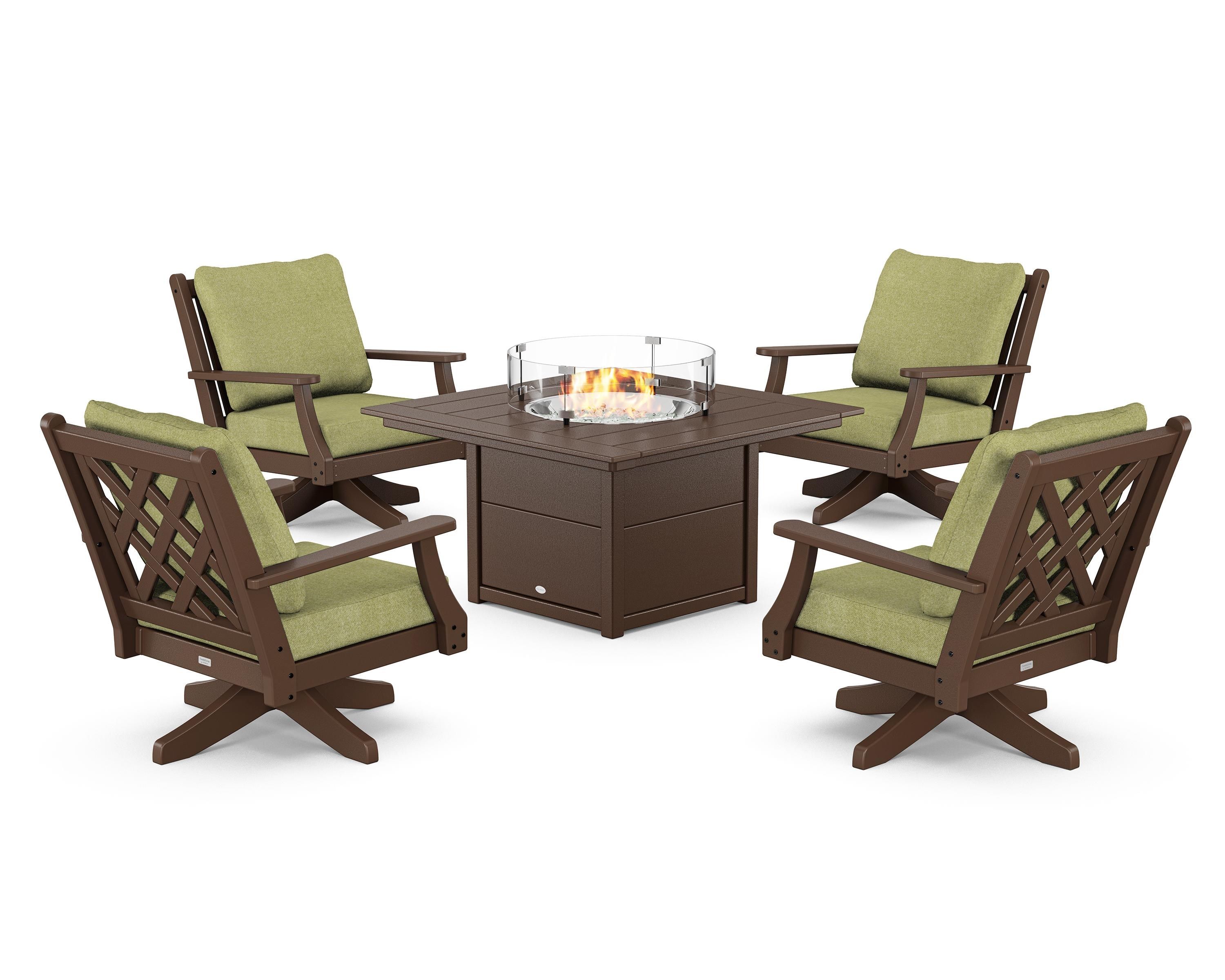 Country Living Wovendale 5-Piece Deep Seating Swivel Conversation Set with Fire Pit Table in Mahogany / Chartreuse Boucle