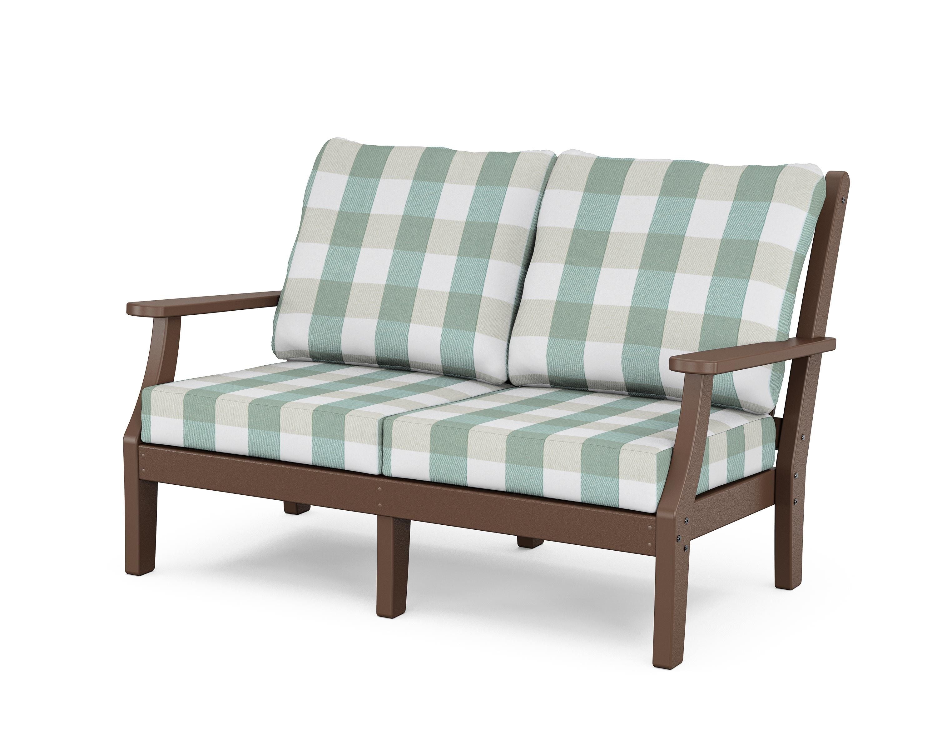 Country Living Wovendale Deep Seating Loveseat in Mahogany / Buffalo Plaid Glacier Spa