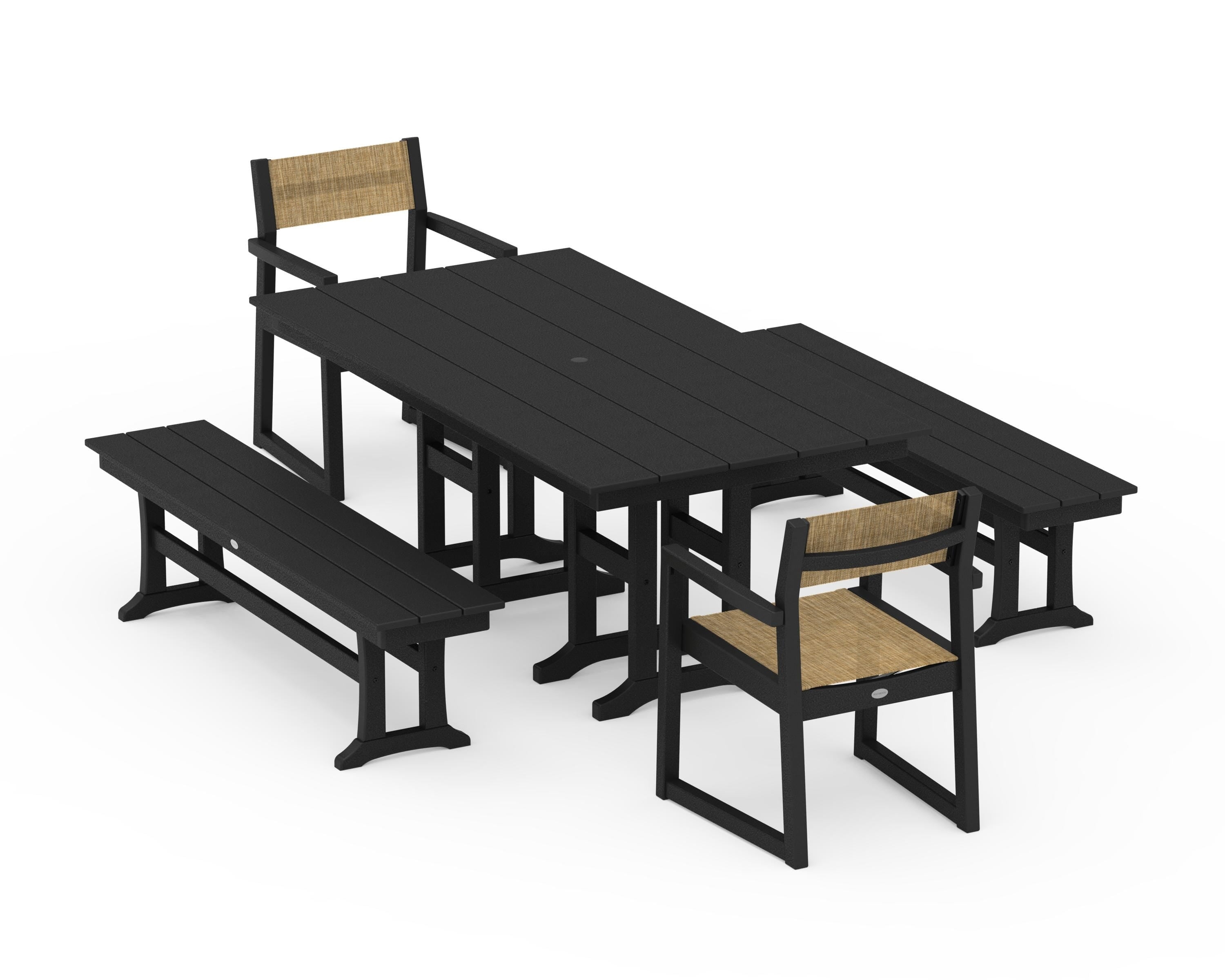 POLYWOOD® EDGE Sling Arm Chair 5-Piece Farmhouse Dining Set with Benches in Black / Burlap Sling