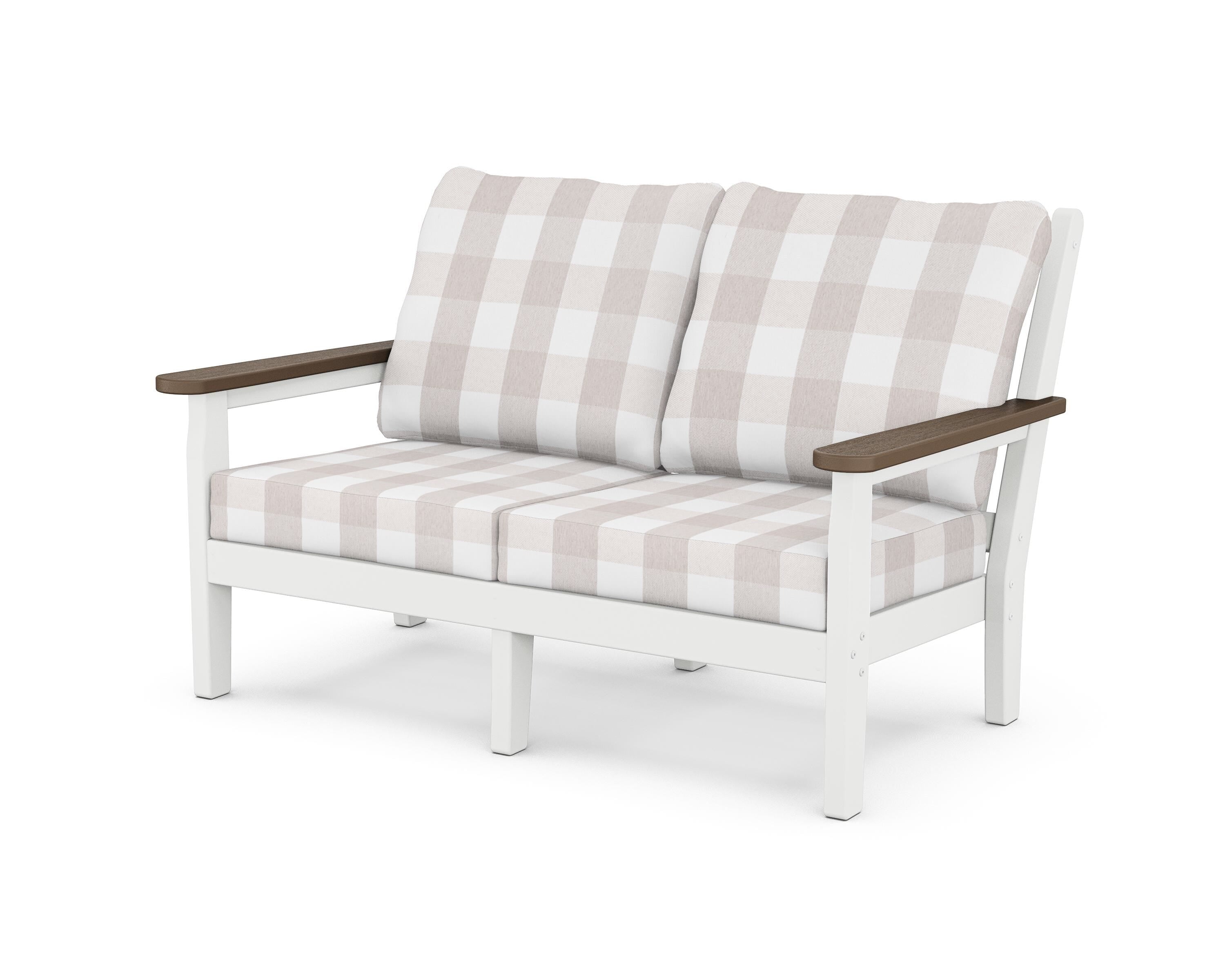 POLYWOOD® Chippendale Deep Seating Loveseat in White / Kona / Buffalo Plaid Dune Burlap