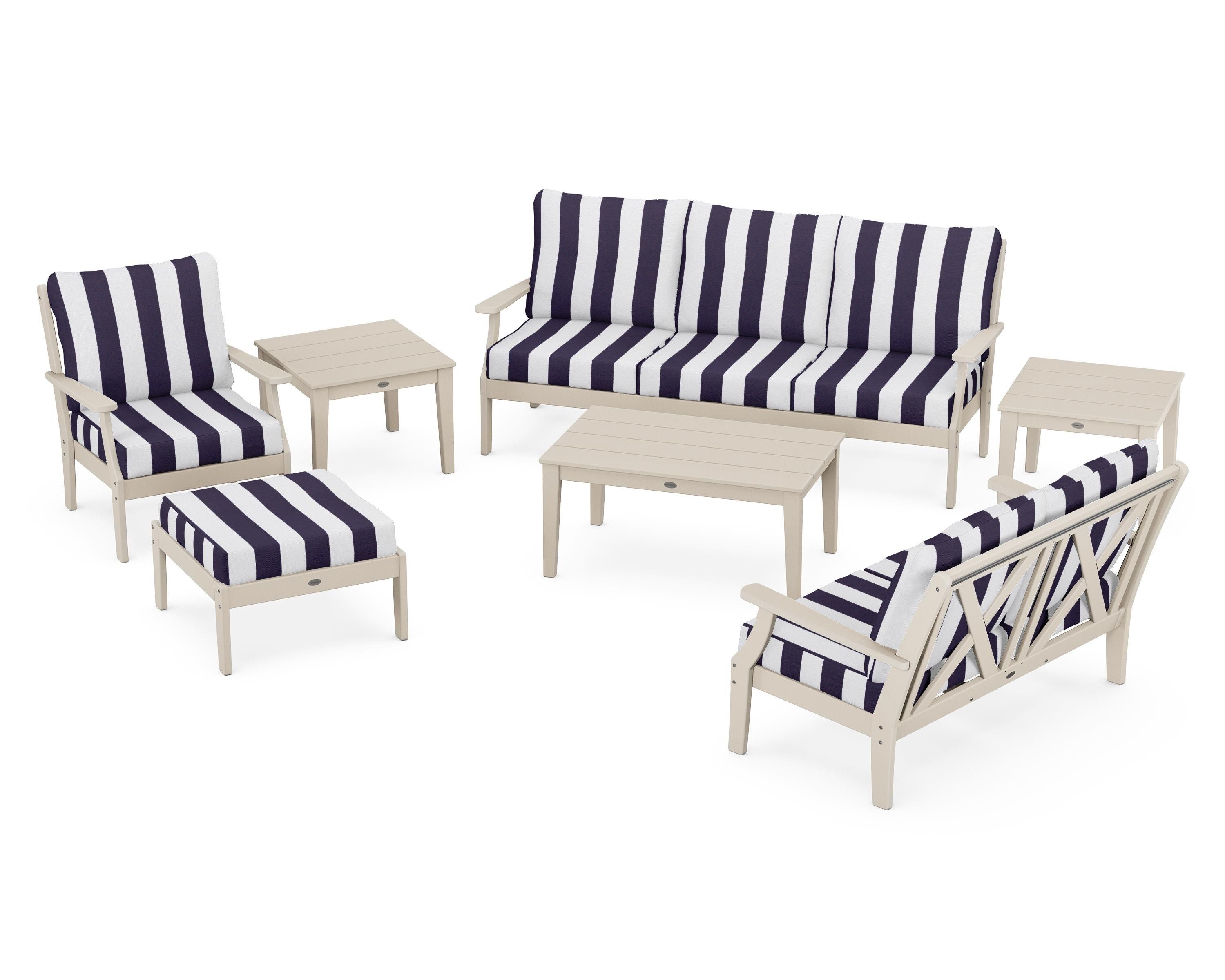 POLYWOOD® Braxton 7-Piece Deep Seating Set in Sand / Cabana Stripe Navy
