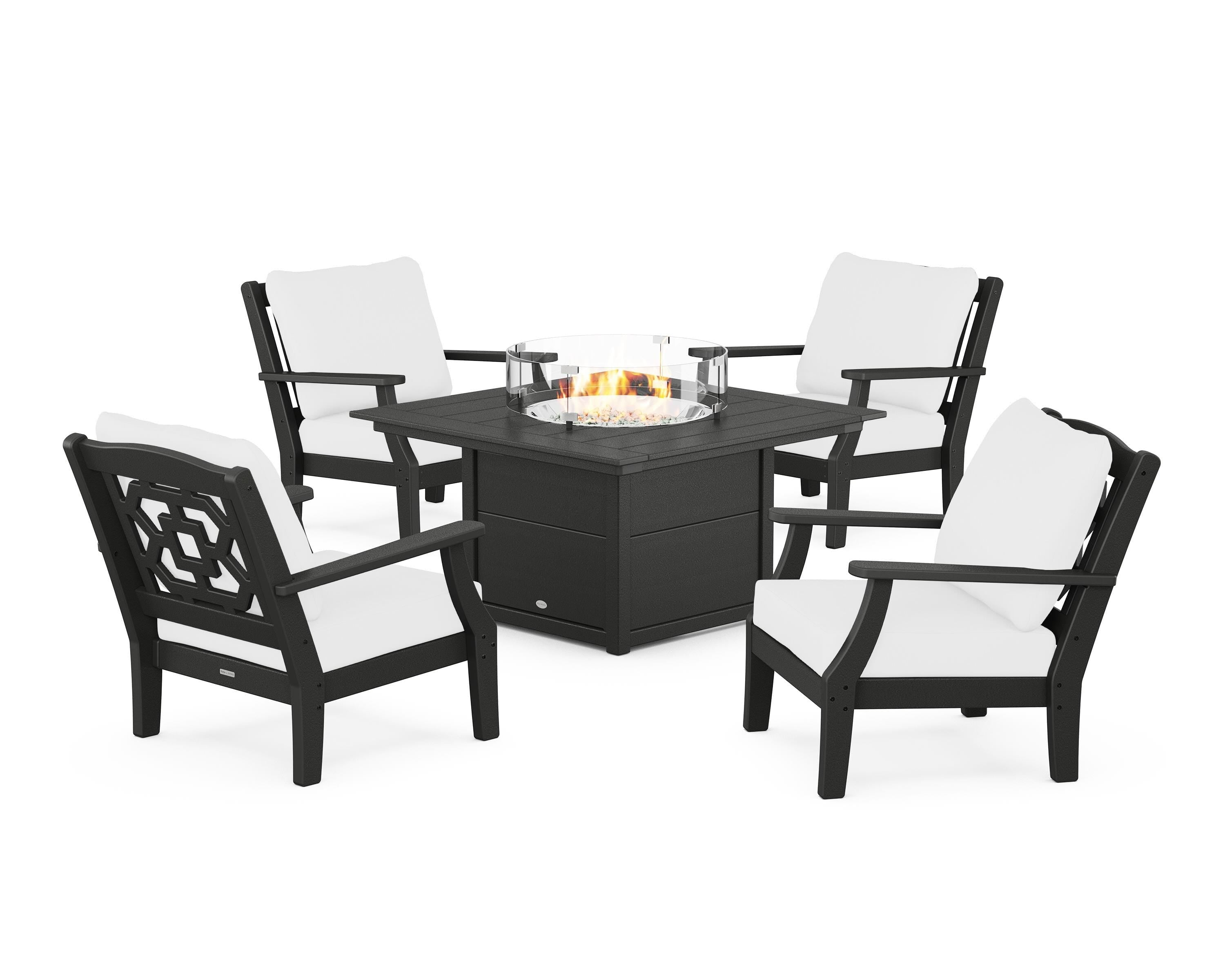 Martha Stewart by POLYWOOD® Chinoiserie 5-Piece Deep Seating Set with Fire Pit Table in Black / Natural