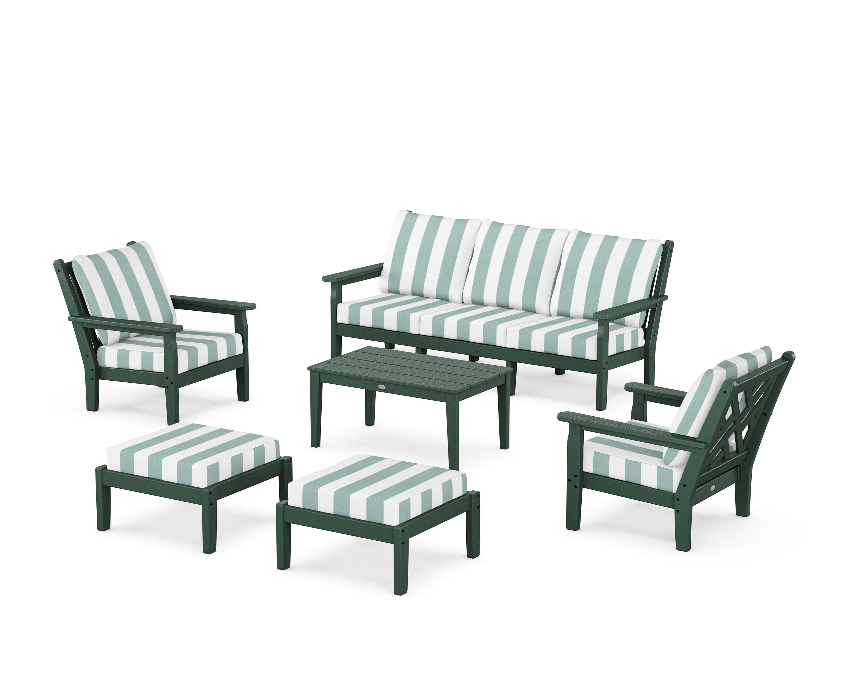 POLYWOOD® Chippendale 6-Piece Lounge Sofa Set in Green / Cabana Stripe Glacier Spa