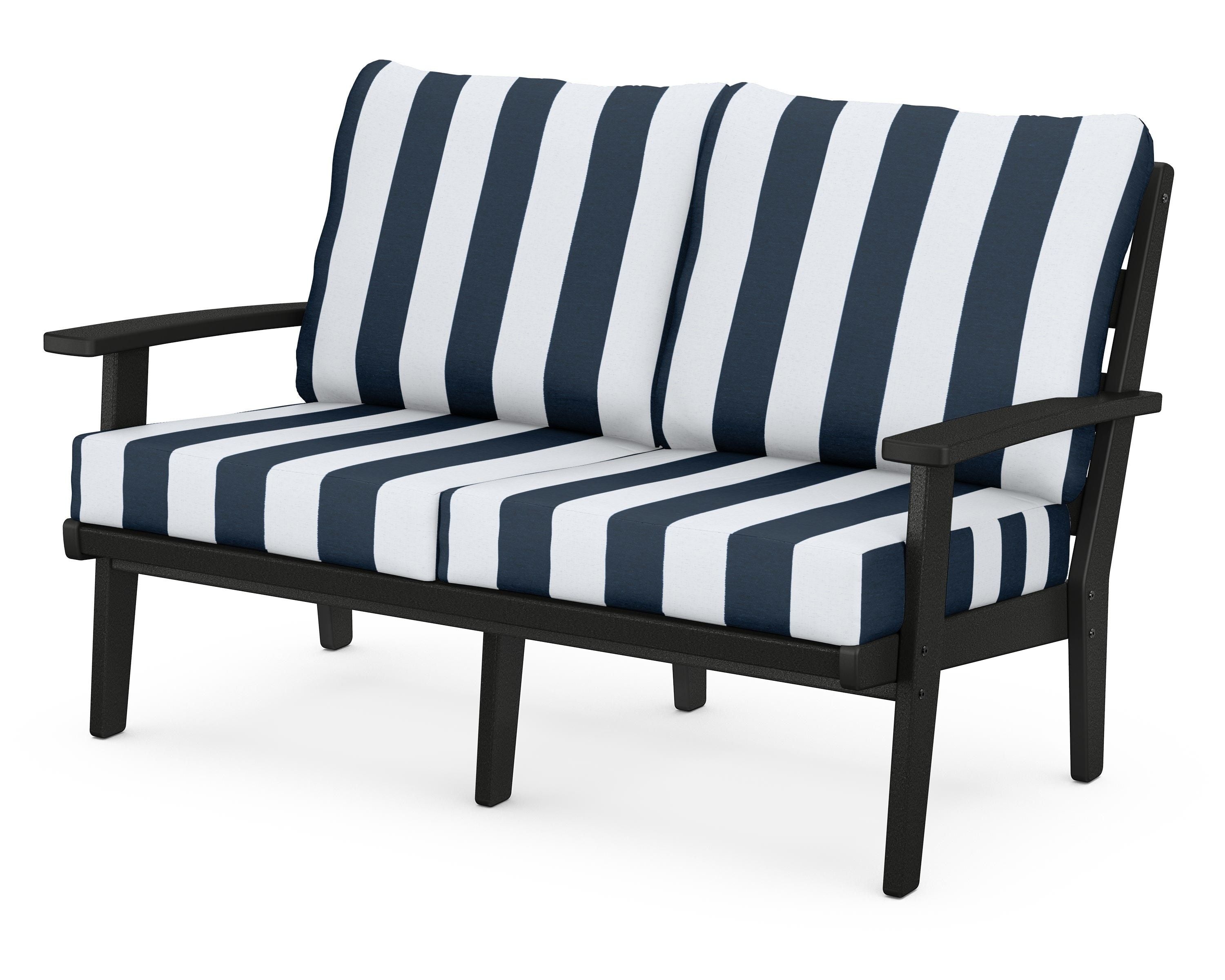 POLYWOOD® Grant Park Deep Seating Loveseat in Black / Cabana Stripe Marine Indigo