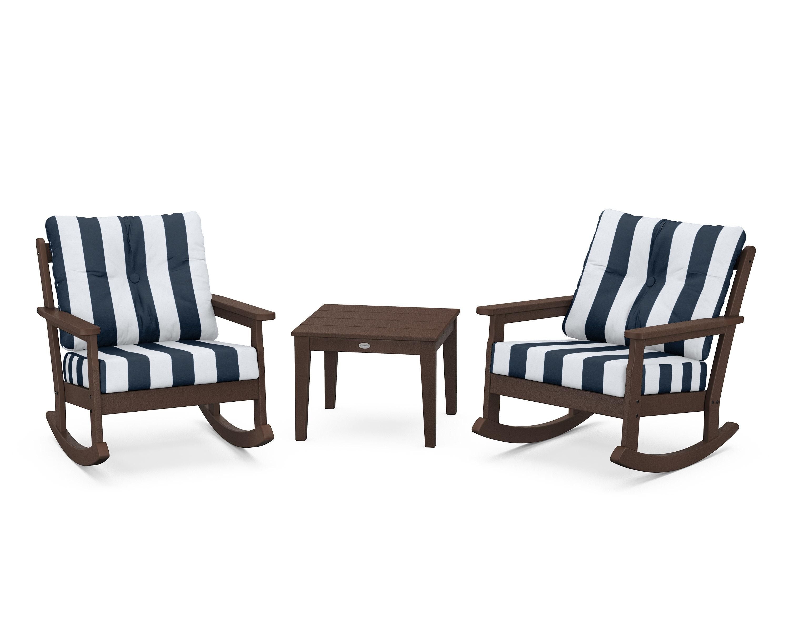 POLYWOOD® Vineyard 3-Piece Deep Seating Rocker Set in Mahogany / Cabana Stripe Marine Indigo