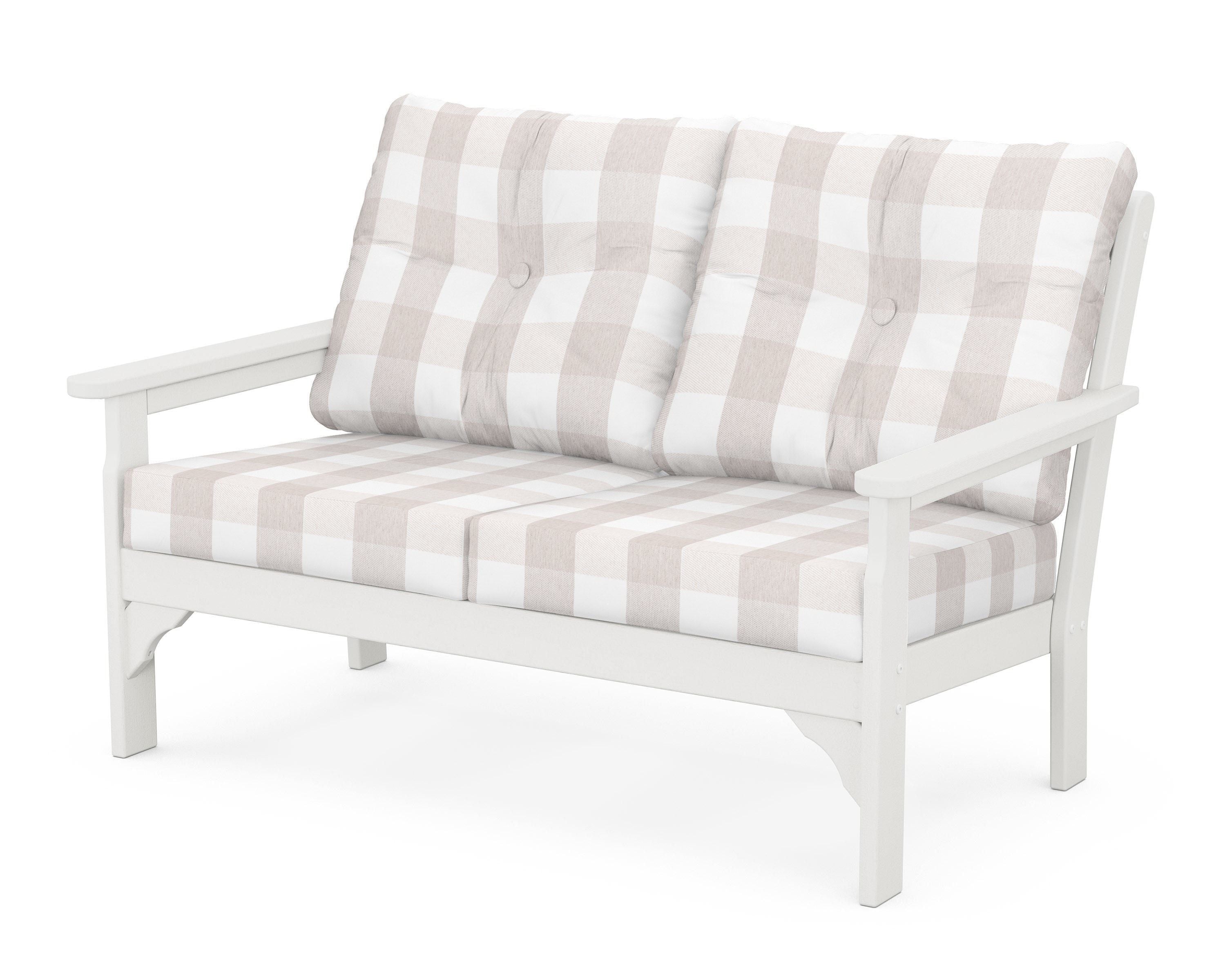 POLYWOOD® Vineyard Deep Seating Loveseat in Vintage White / Buffalo Plaid Dune Burlap