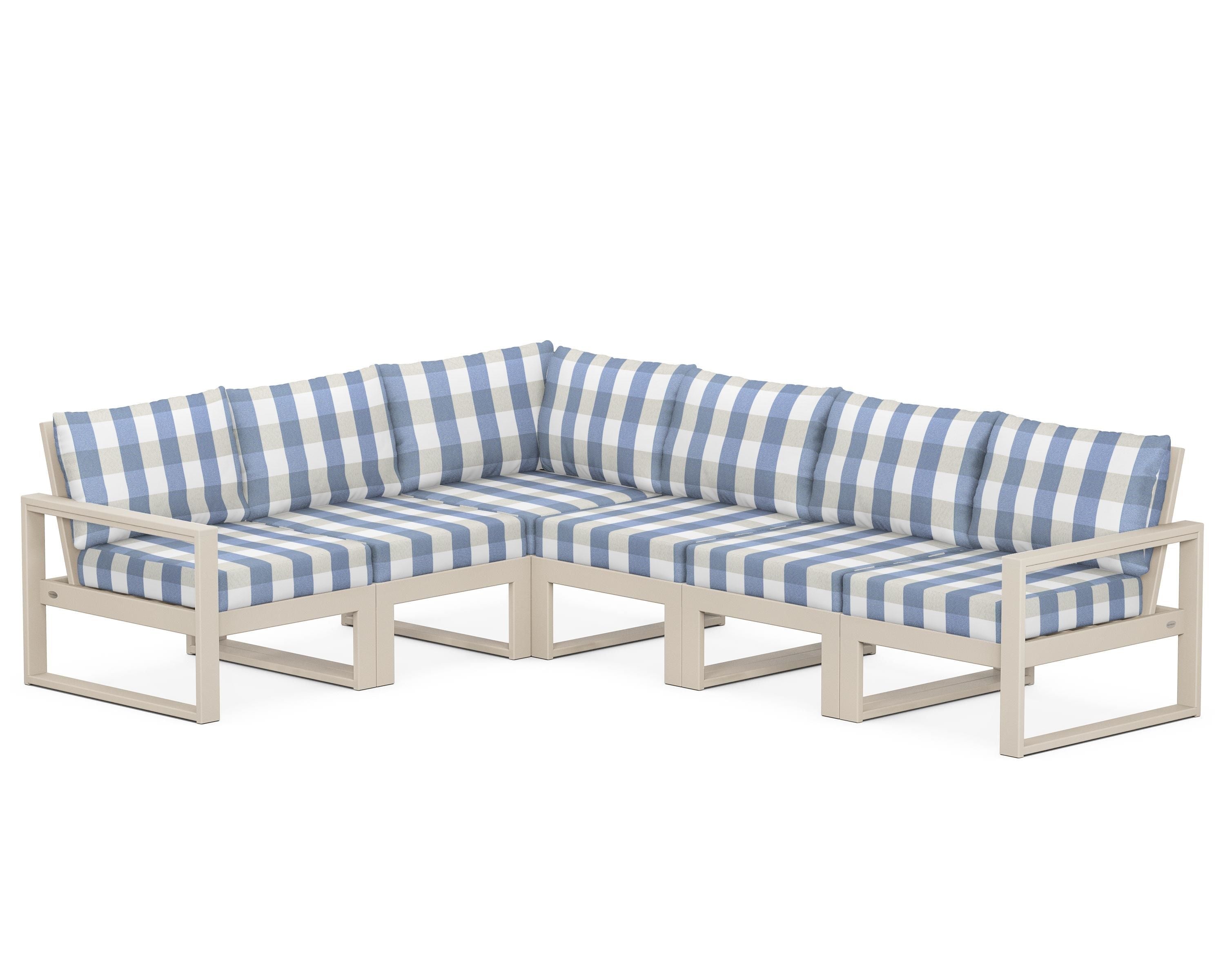 POLYWOOD® EDGE 6-Piece Modular Deep Seating Set in Sand / Buffalo Plaid Sky Blue