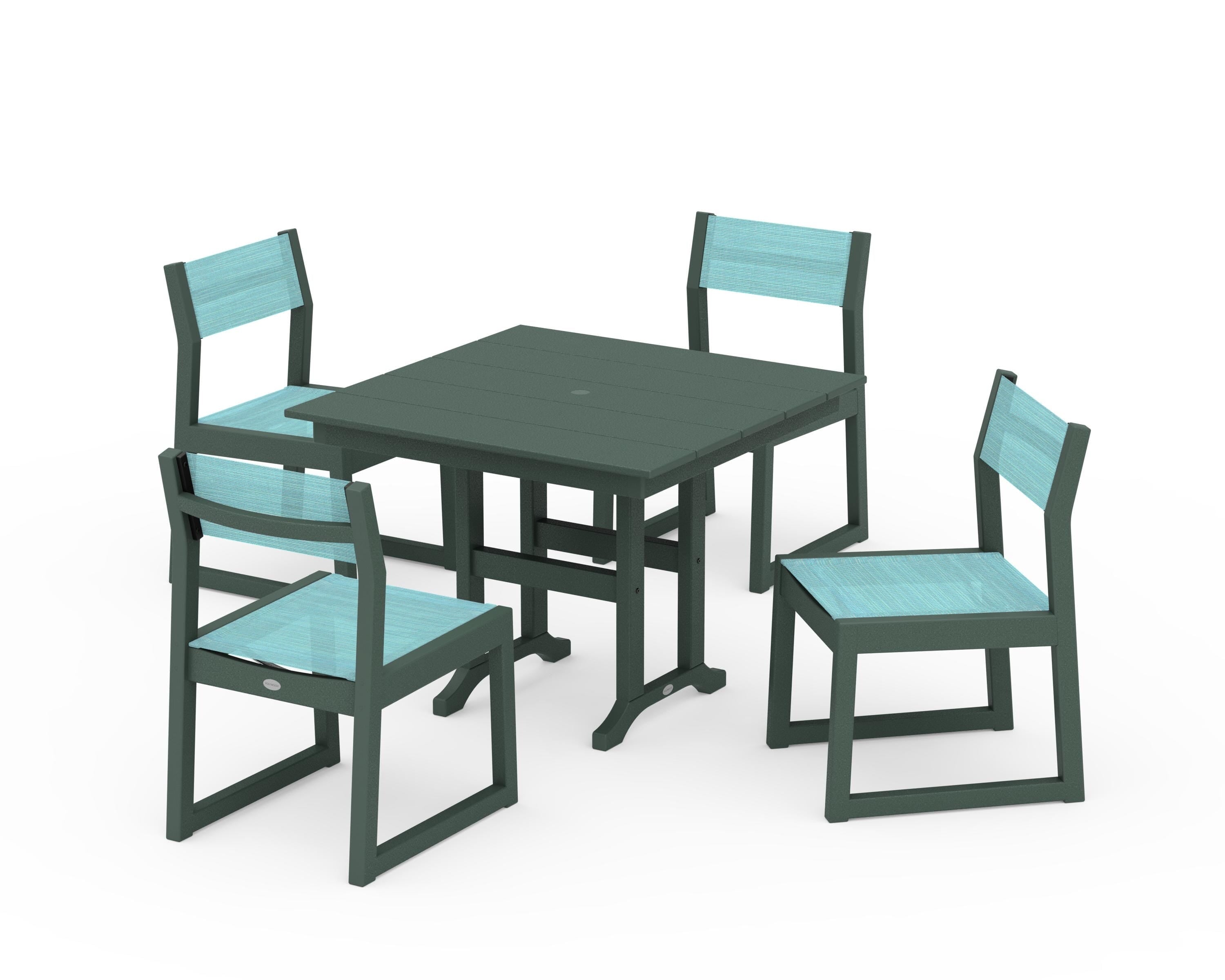 POLYWOOD® EDGE Sling Side Chair 5-Piece Farmhouse Dining Set in Green / Dupioni Aquamarine Sling
