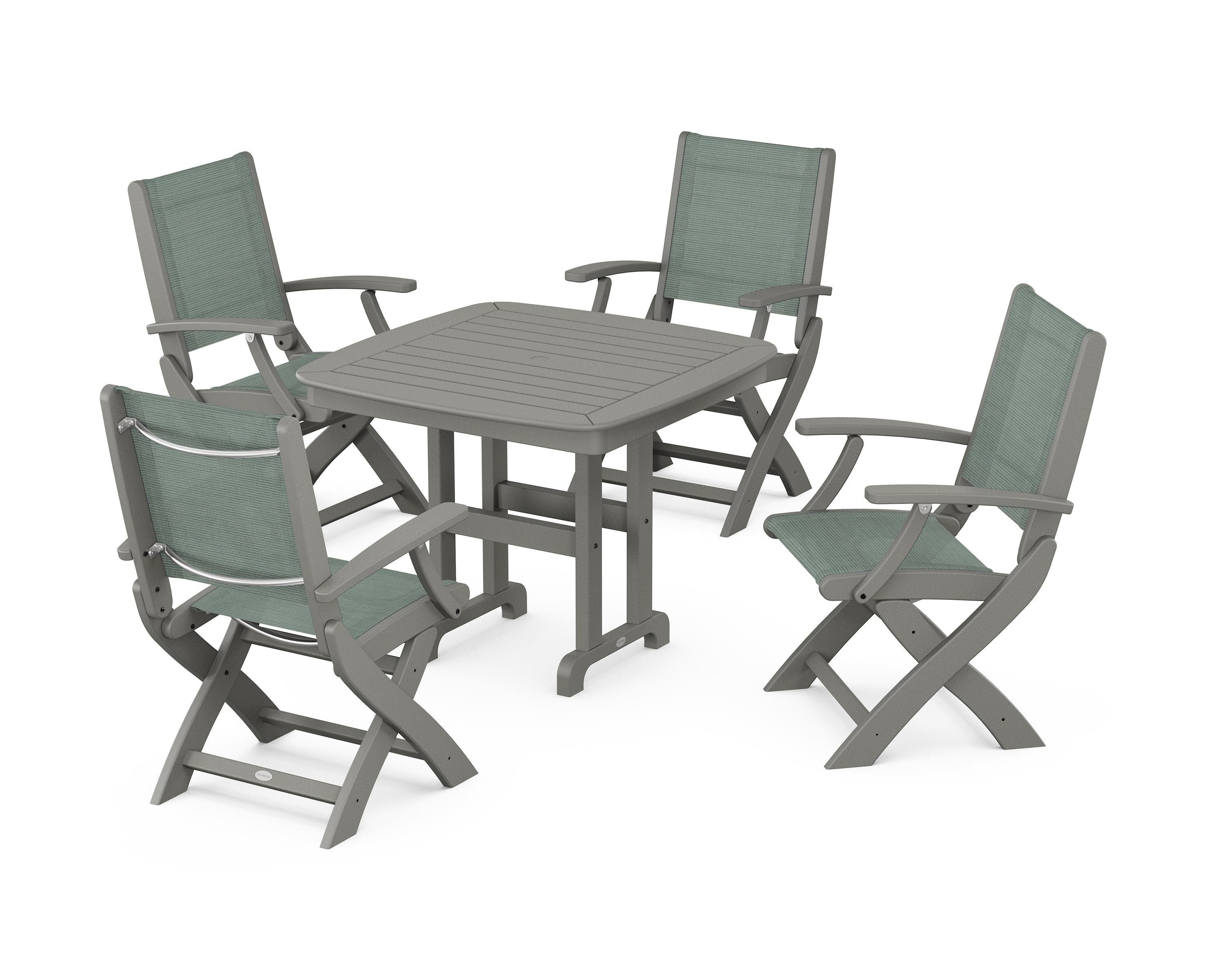 POLYWOOD® Coastal Folding Chair 5-Piece Dining Set in Slate Grey / Dupioni Sea Mist Sling