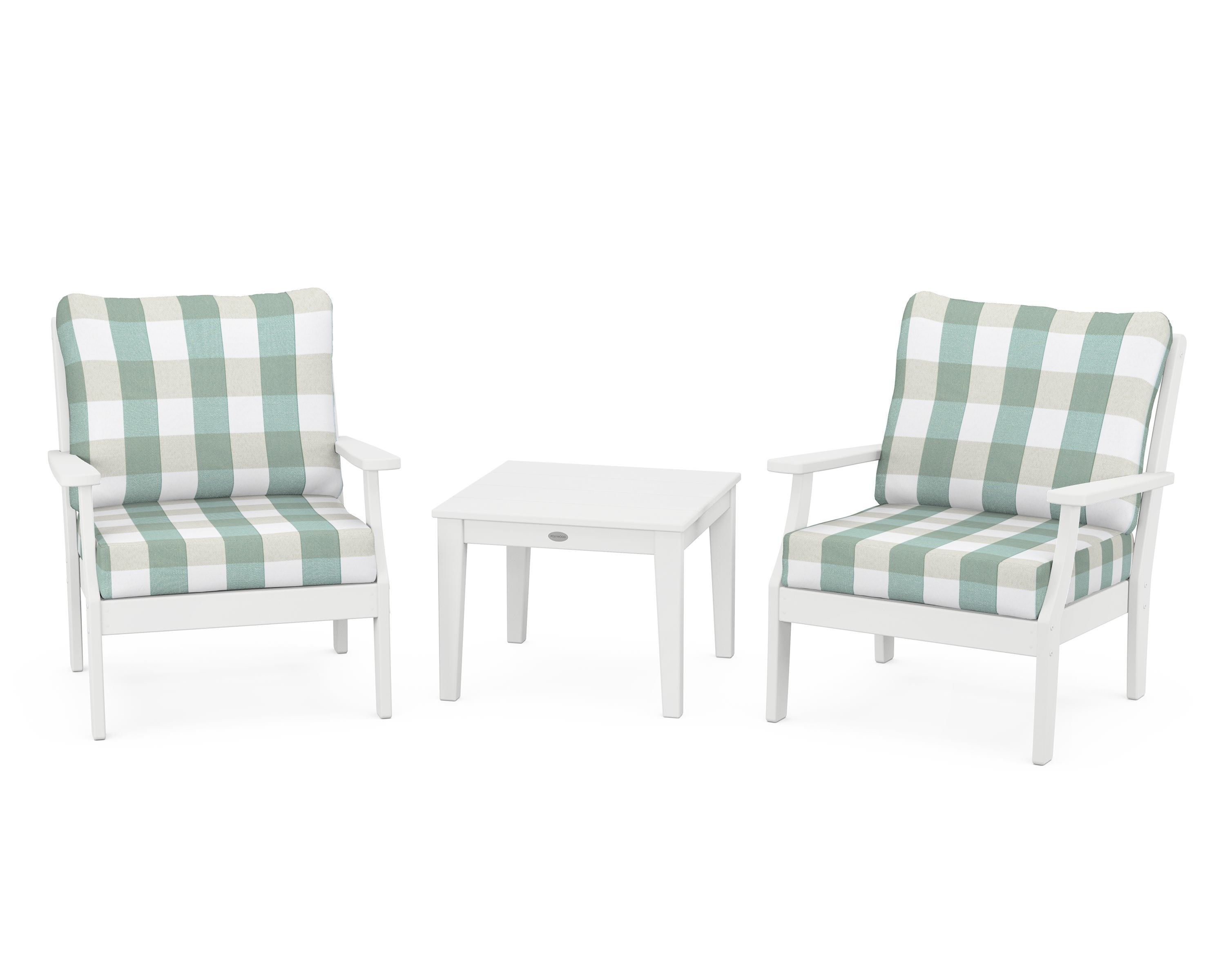 POLYWOOD® Braxton 3-Piece Deep Seating Set in White / Buffalo Plaid Glacier Spa