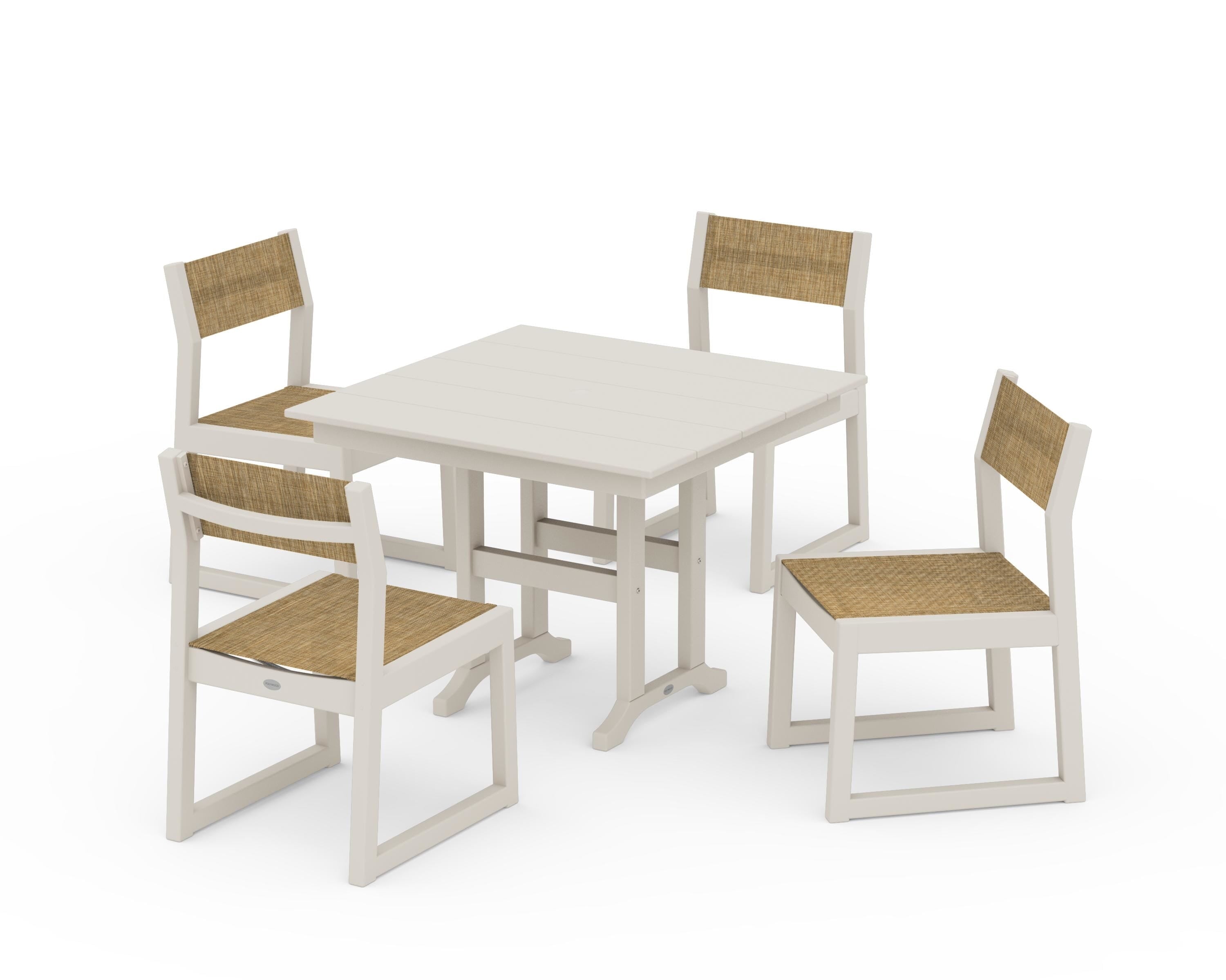 POLYWOOD® EDGE Sling Side Chair 5-Piece Farmhouse Dining Set in Sand / Burlap Sling