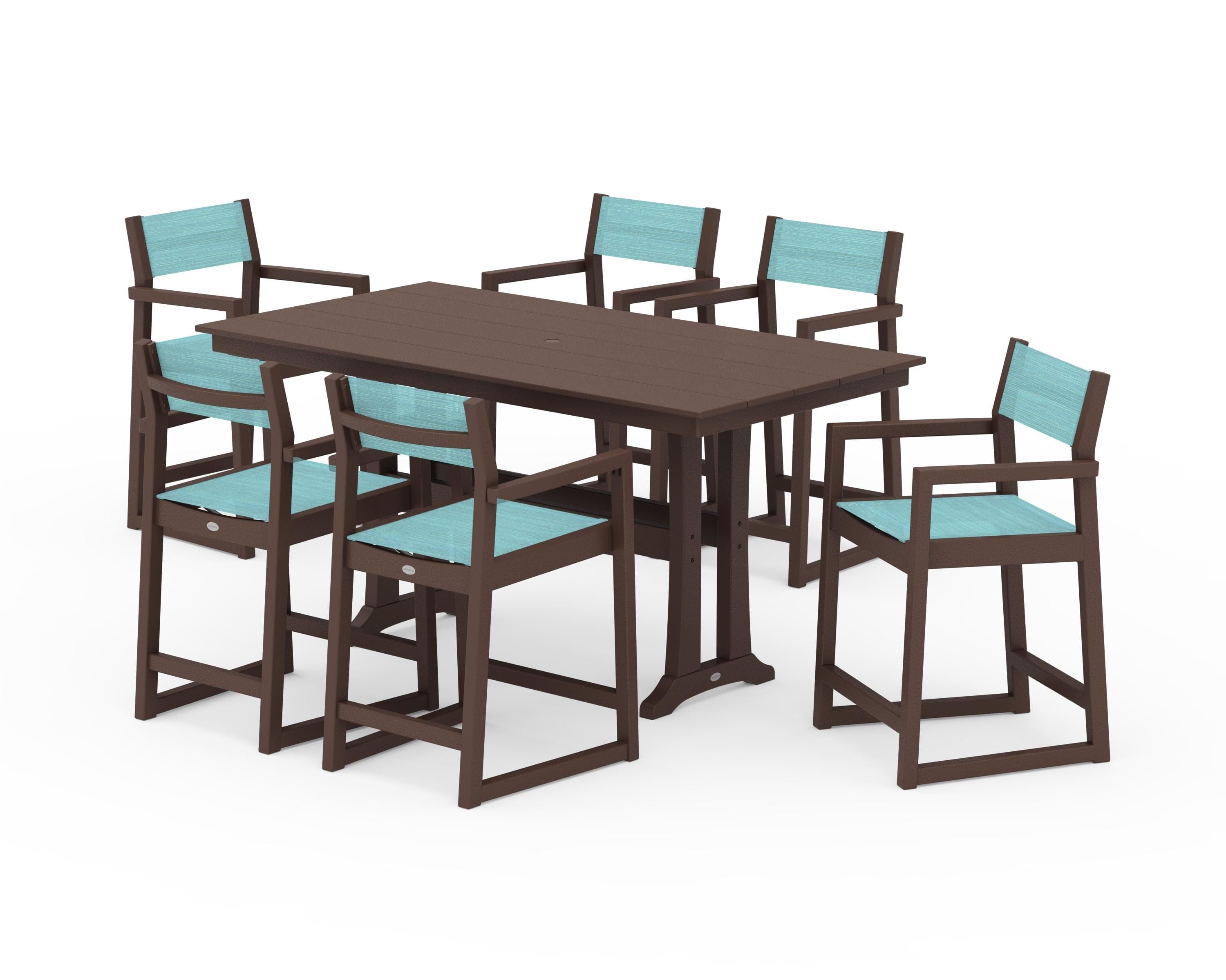 POLYWOOD® EDGE Sling Arm Chair 7-Piece Farmhouse Counter Set with Trestle Legs in Mahogany / Dupioni Aquamarine Sling