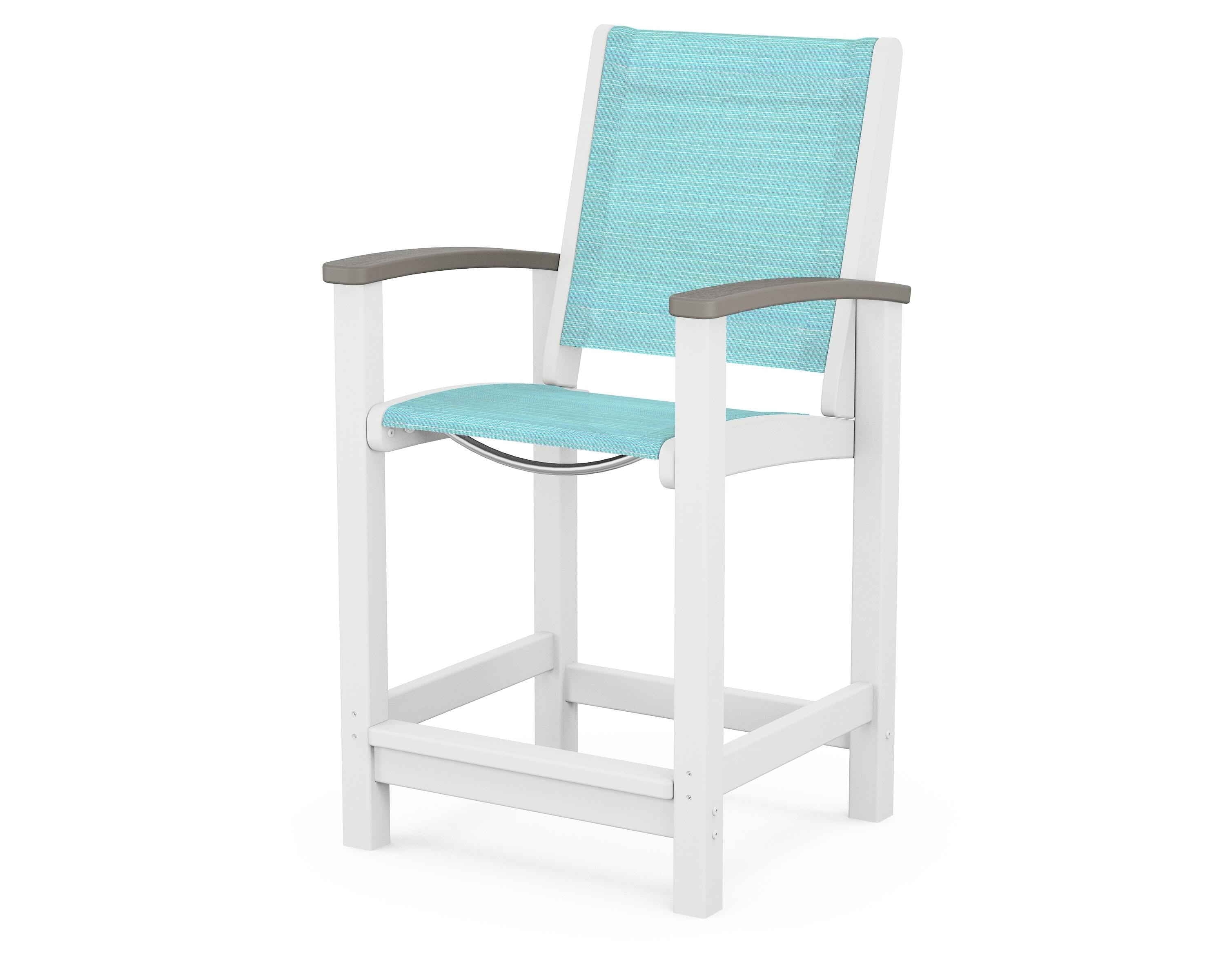POLYWOOD® Coastal Counter Chair in White / Driftwood / Dupioni Aquamarine Sling