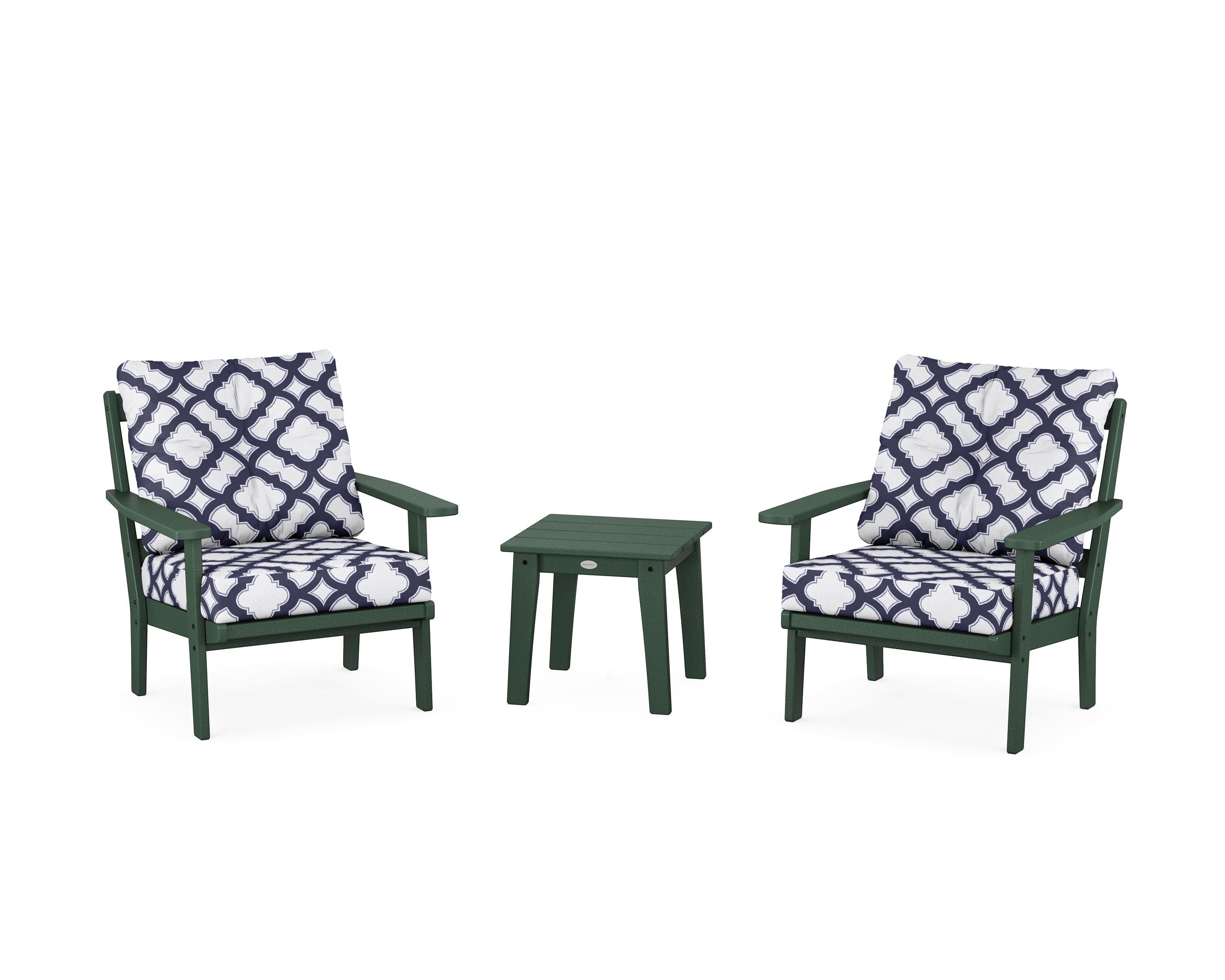 POLYWOOD® Oxford 3-Piece Deep Seating Set in Green / Trellis Navy