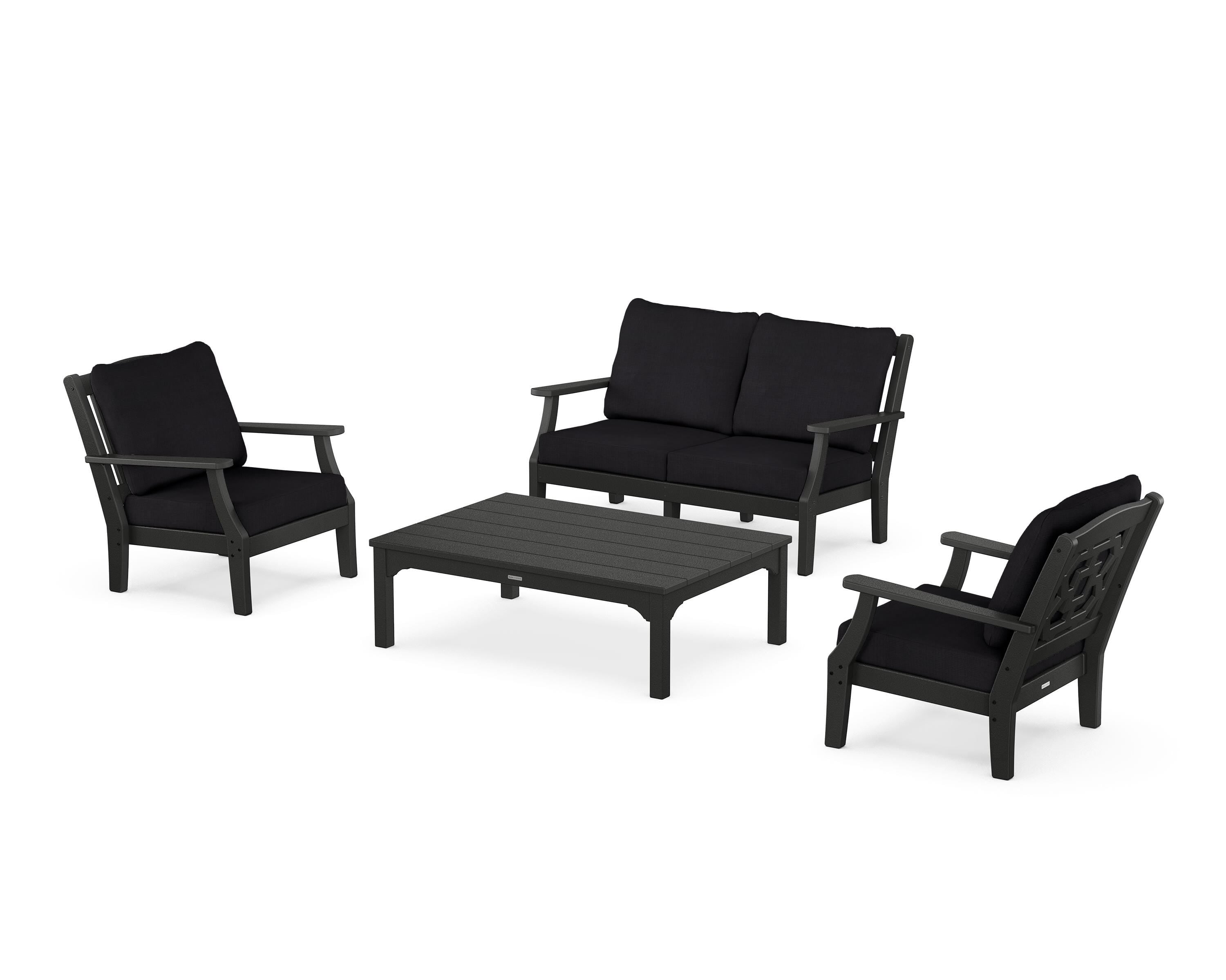 Martha Stewart by POLYWOOD® Chinoiserie 4-Piece Deep Seating Set with Loveseat in Black / Midnight Linen