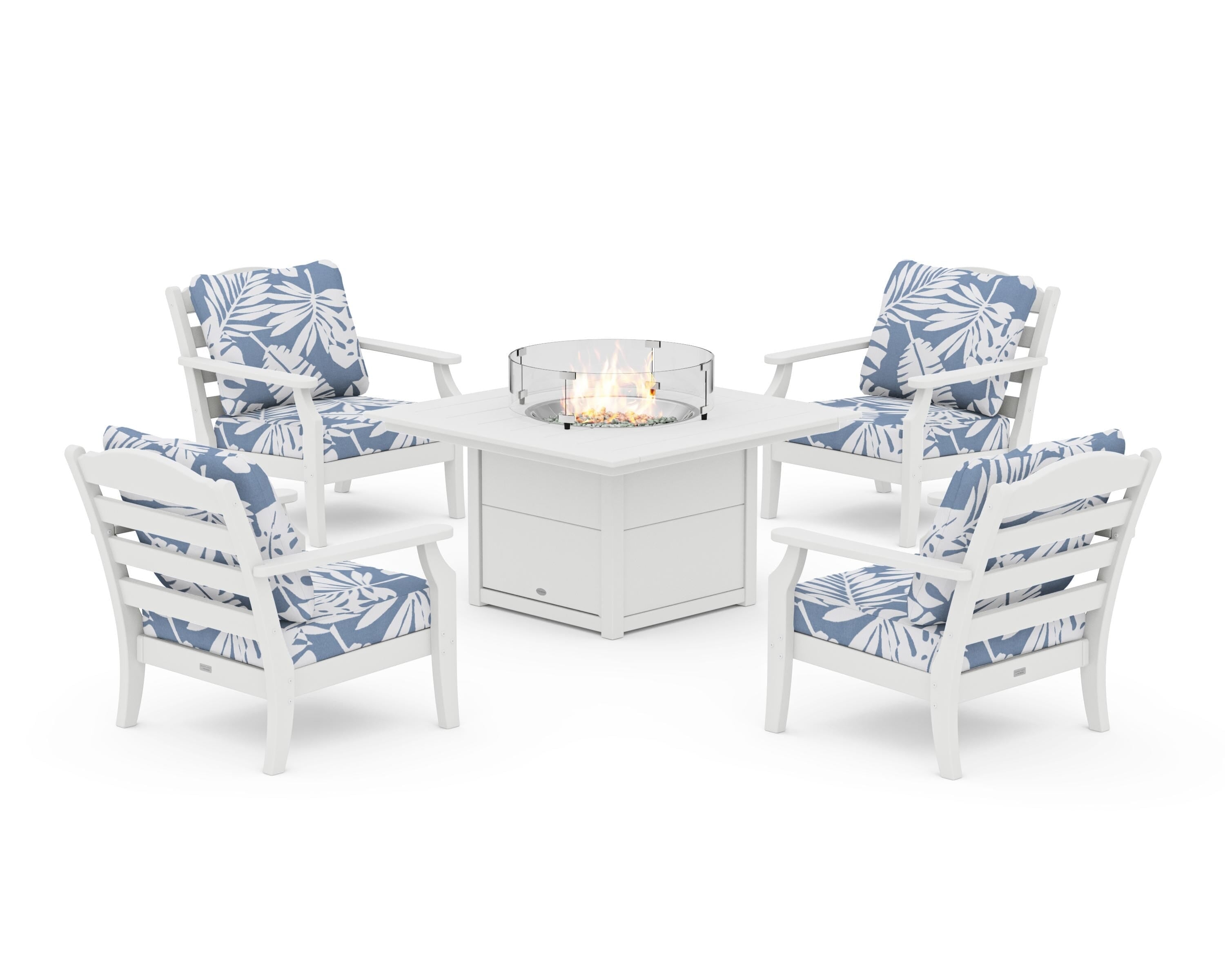 Draper James™ by POLYWOOD® Savannah 5-Piece Deep Seating Set with Fire Pit Table in White / Leaf Sky Blue