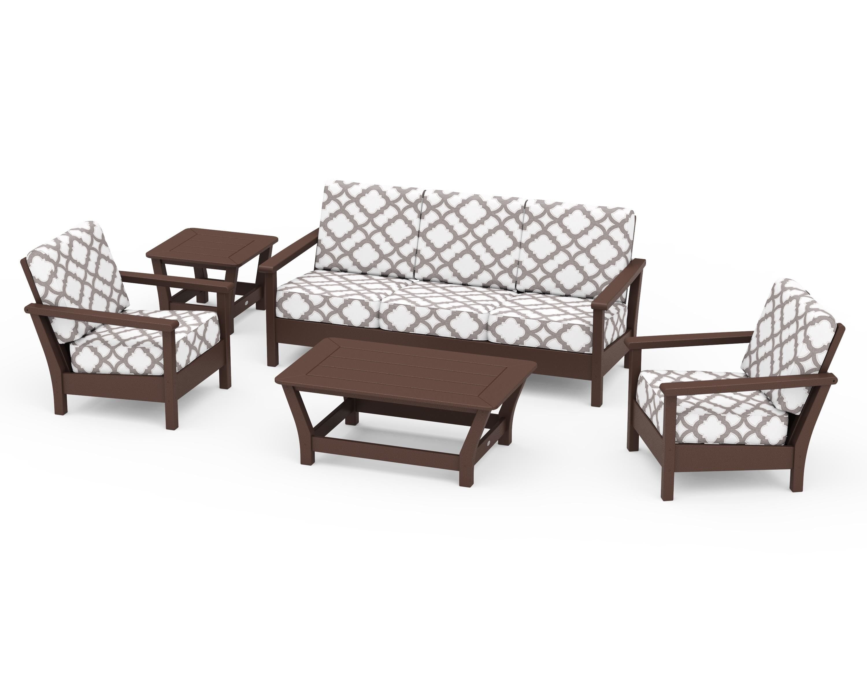 POLYWOOD® Harbour 5-Piece Deep Seating Set in Mahogany / Trellis Grey Mist