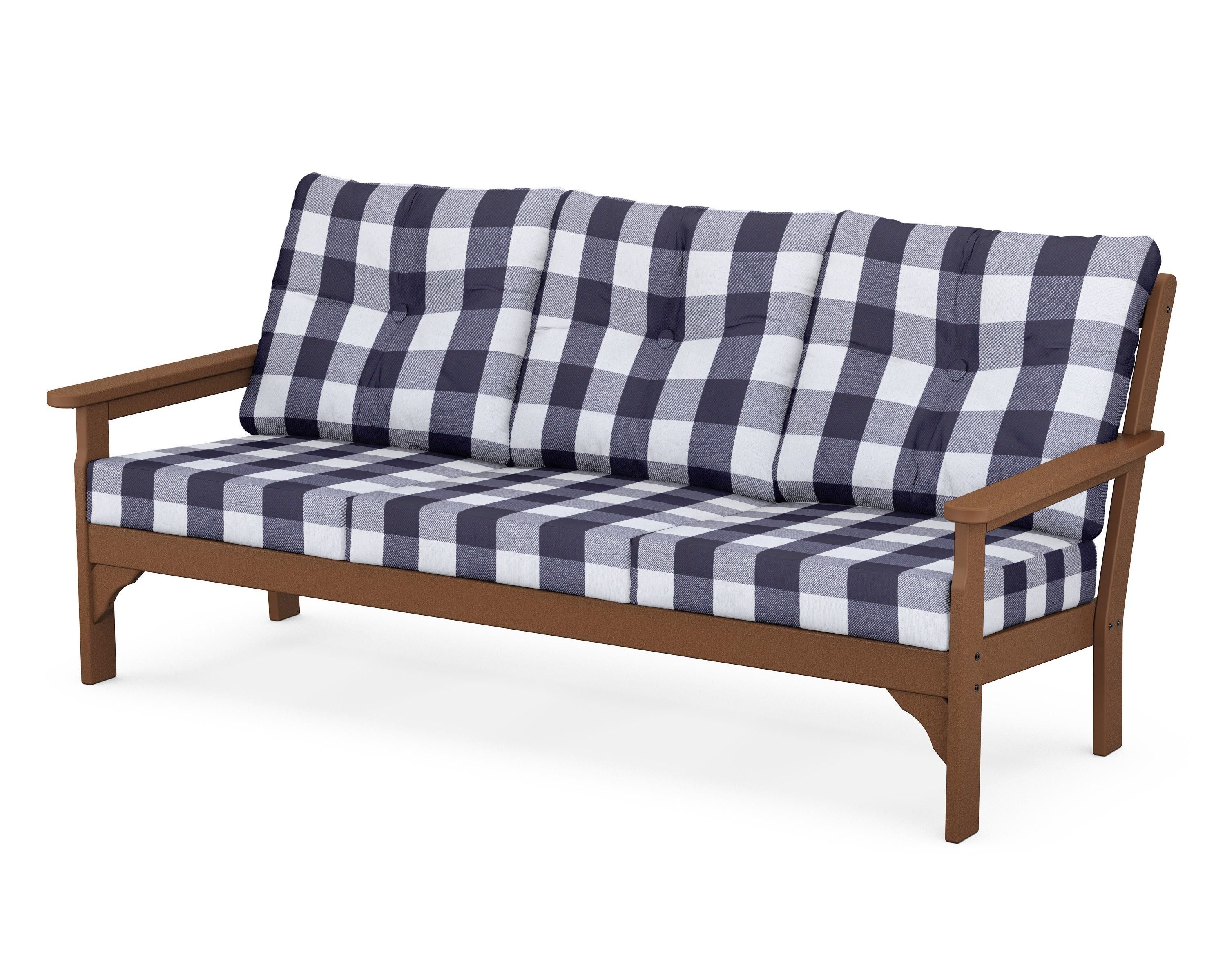POLYWOOD® Vineyard Deep Seating Sofa in Teak / Buffalo Plaid Navy