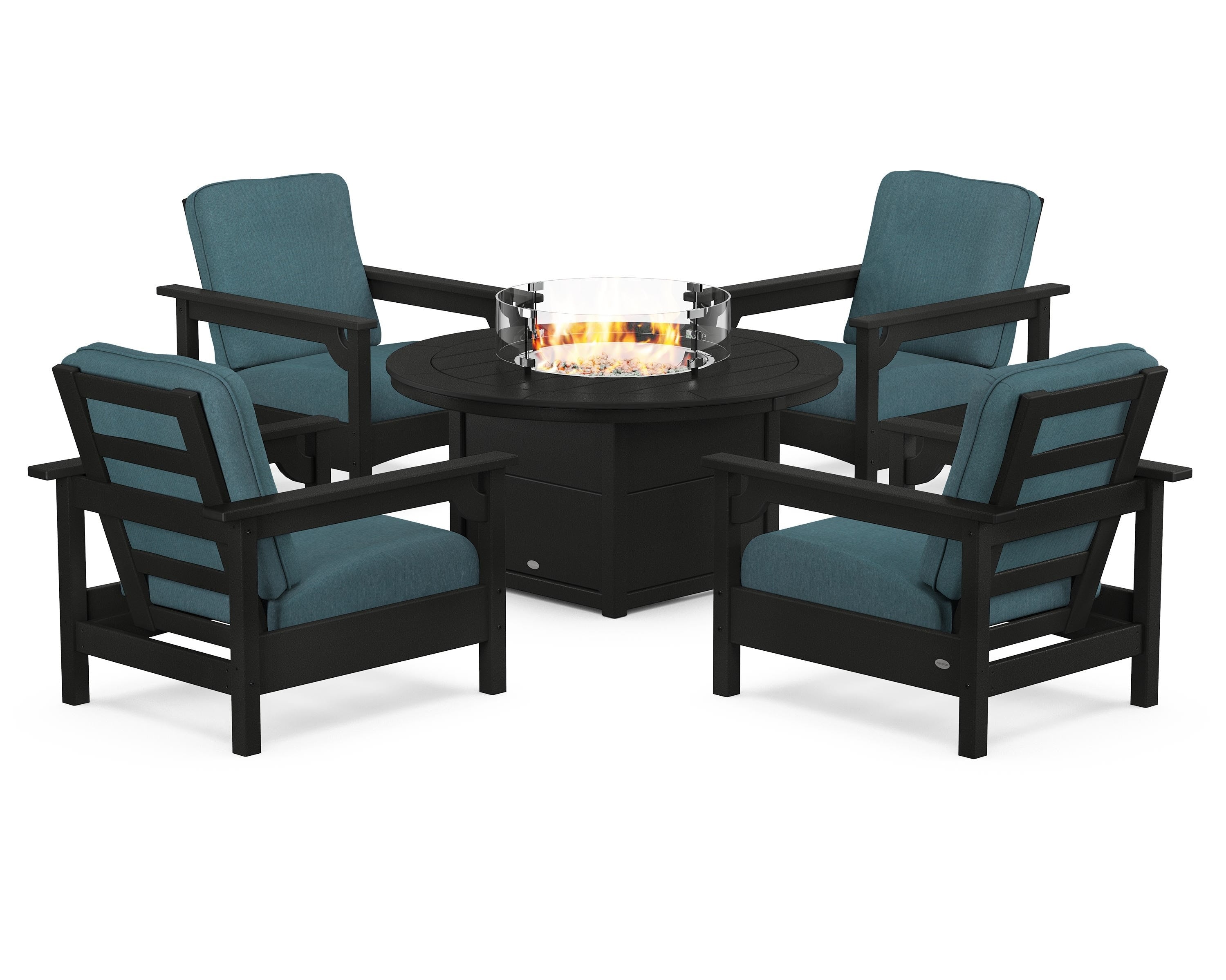 POLYWOOD® Club 5-Piece Conversation Set with Fire Pit Table in Black / Ocean Teal