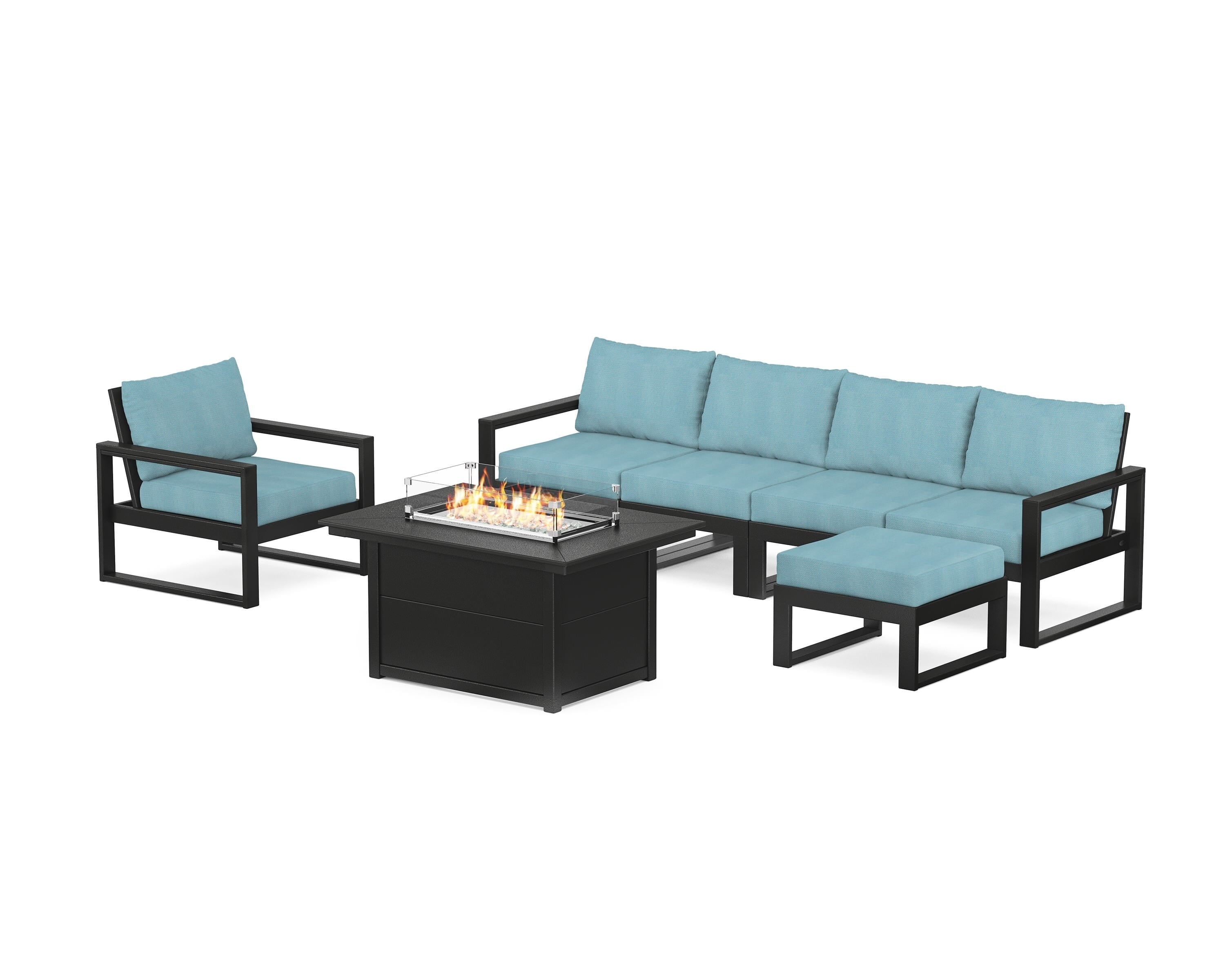 POLYWOOD® EDGE Sectional Lounge and Fire Pit Set in Black / Lattice Sky Blue