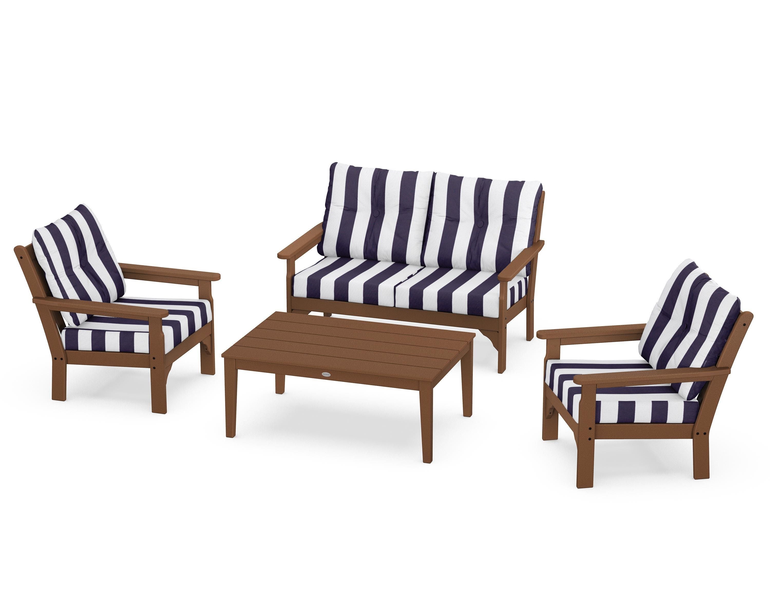 POLYWOOD® Vineyard 4-Piece Deep Seating Set in Teak / Cabana Stripe Navy