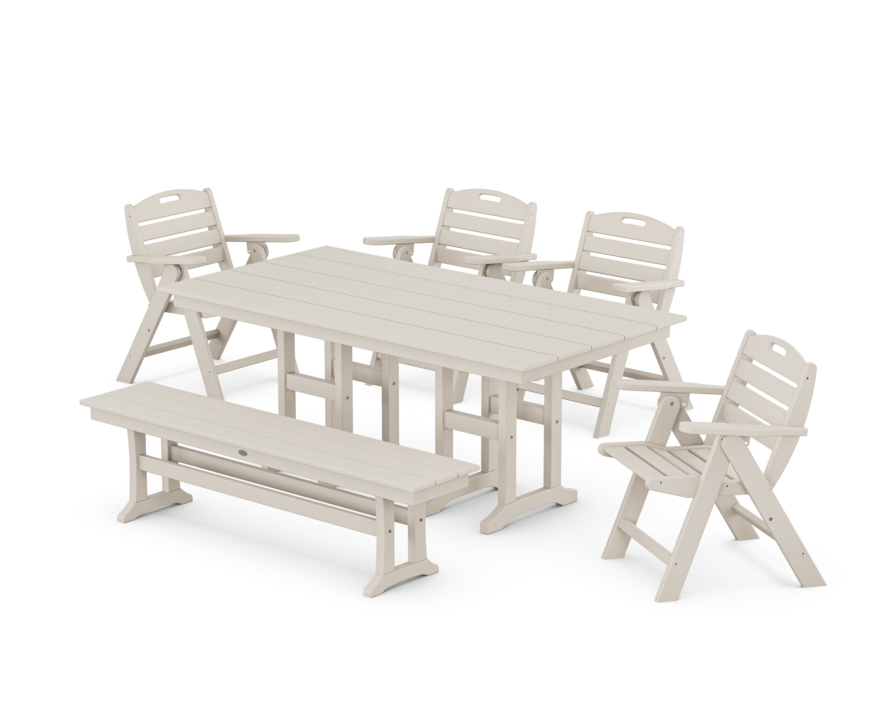POLYWOOD® Nautical Lowback 6-Piece Farmhouse Dining Set with Bench in Sand