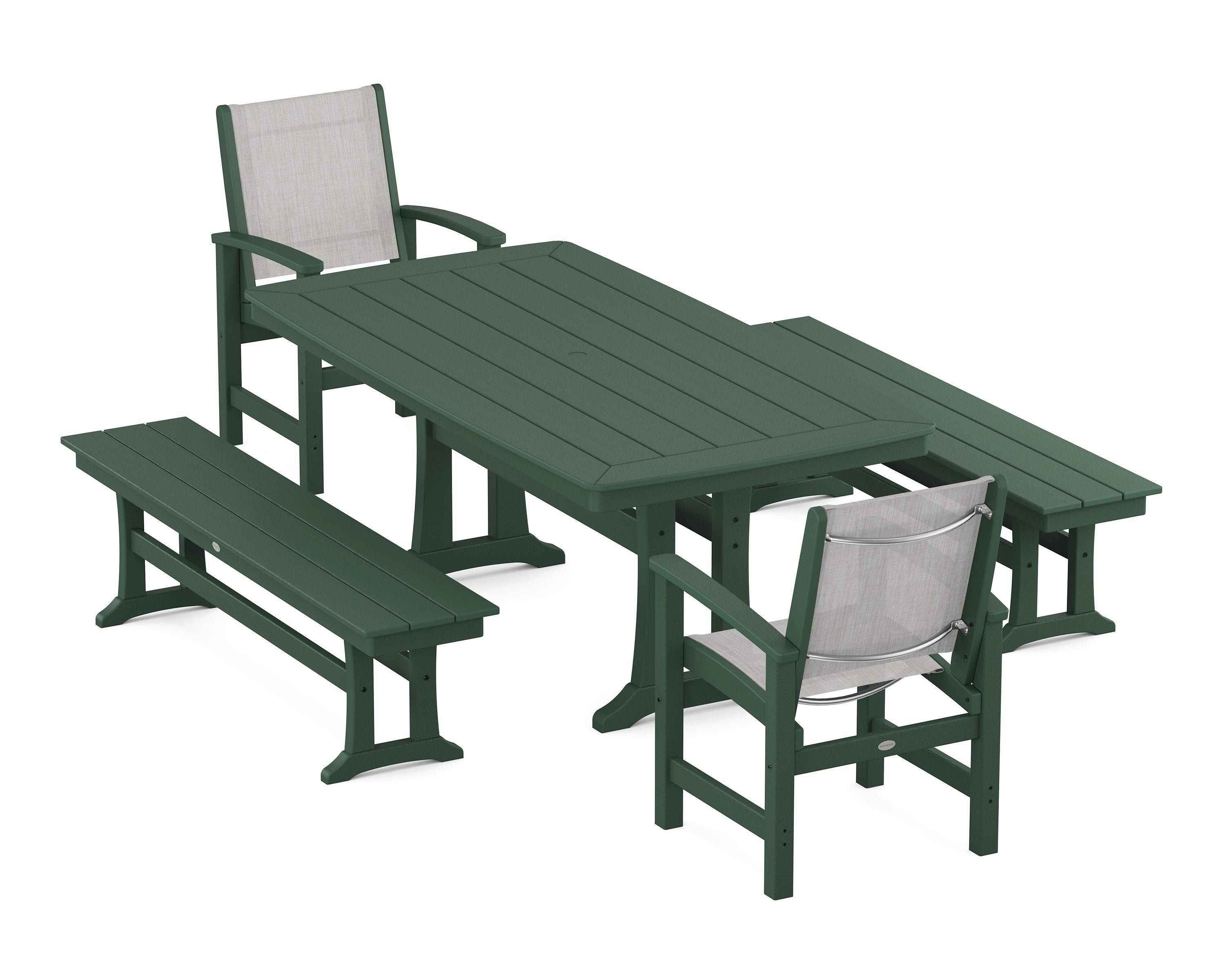 POLYWOOD® Coastal 5-Piece Dining Set with Trestle Legs and Benches in Green / Parchment Sling