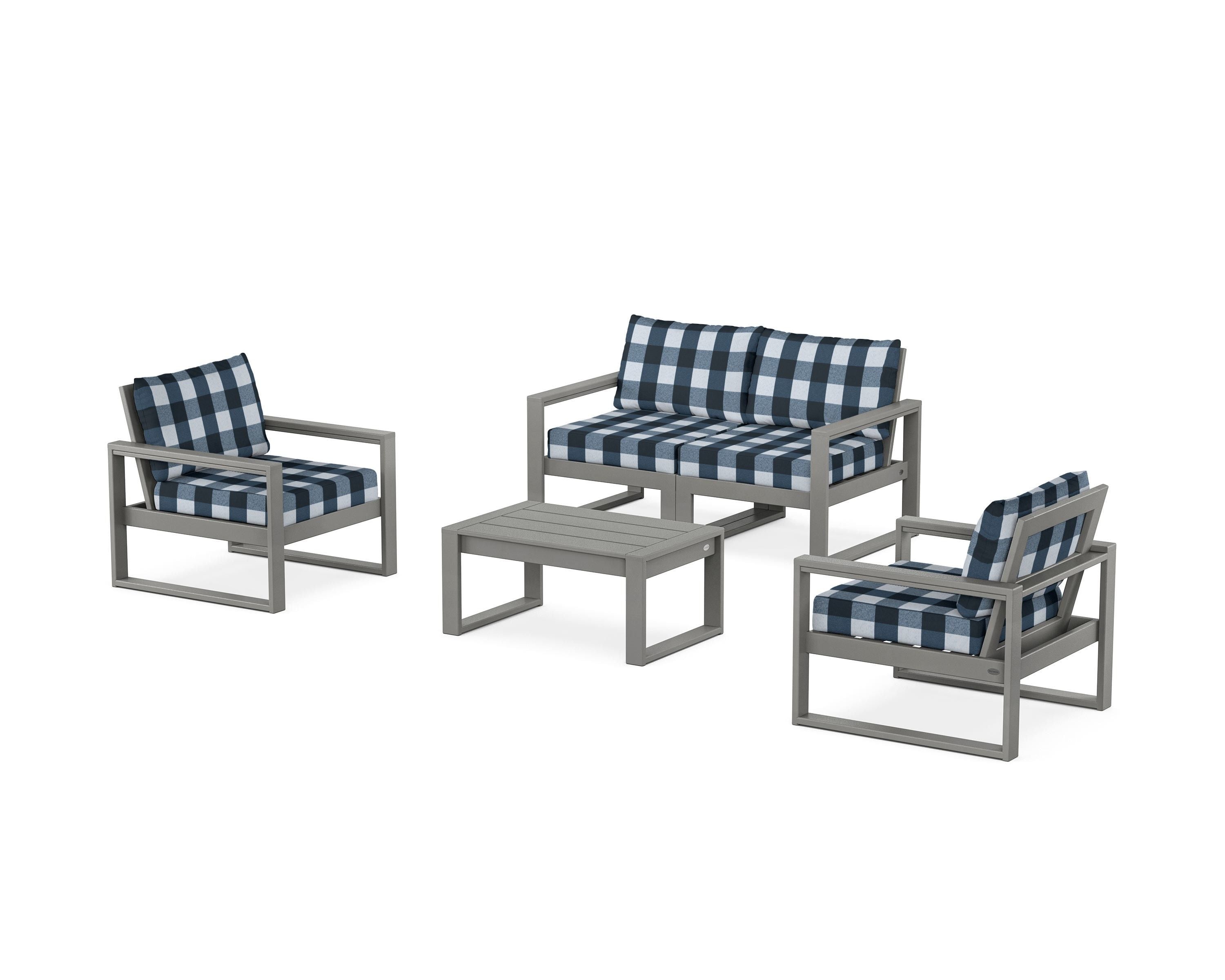 POLYWOOD® EDGE Sectional 4-Piece Deep Seating Set with Loveseat in Slate Grey / Buffalo Plaid Marine Indigo
