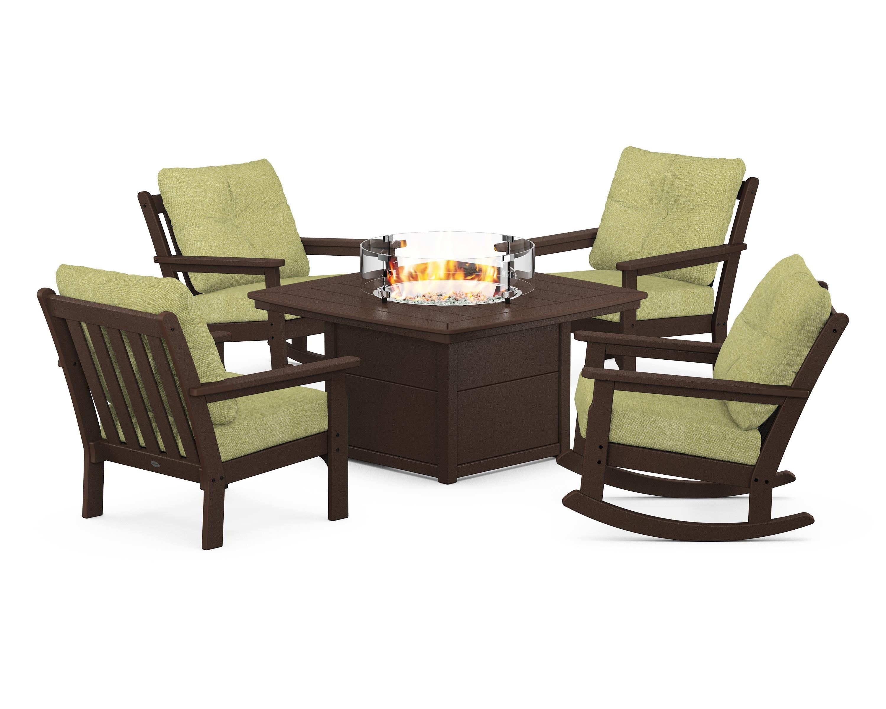 POLYWOOD® Vineyard 5-Piece Deep Seating Rocking Chair Conversation Set with Fire Pit Table in Mahogany / Chartreuse Boucle