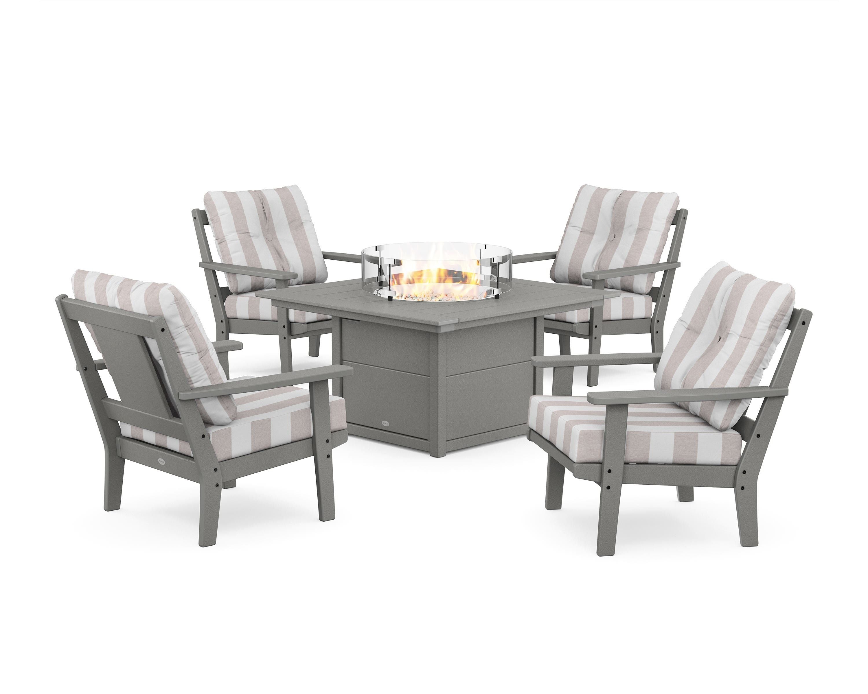 POLYWOOD® Prairie 5-Piece Deep Seating Set with Fire Pit Table in Slate Grey / Cabana Stripe Dune Burlap