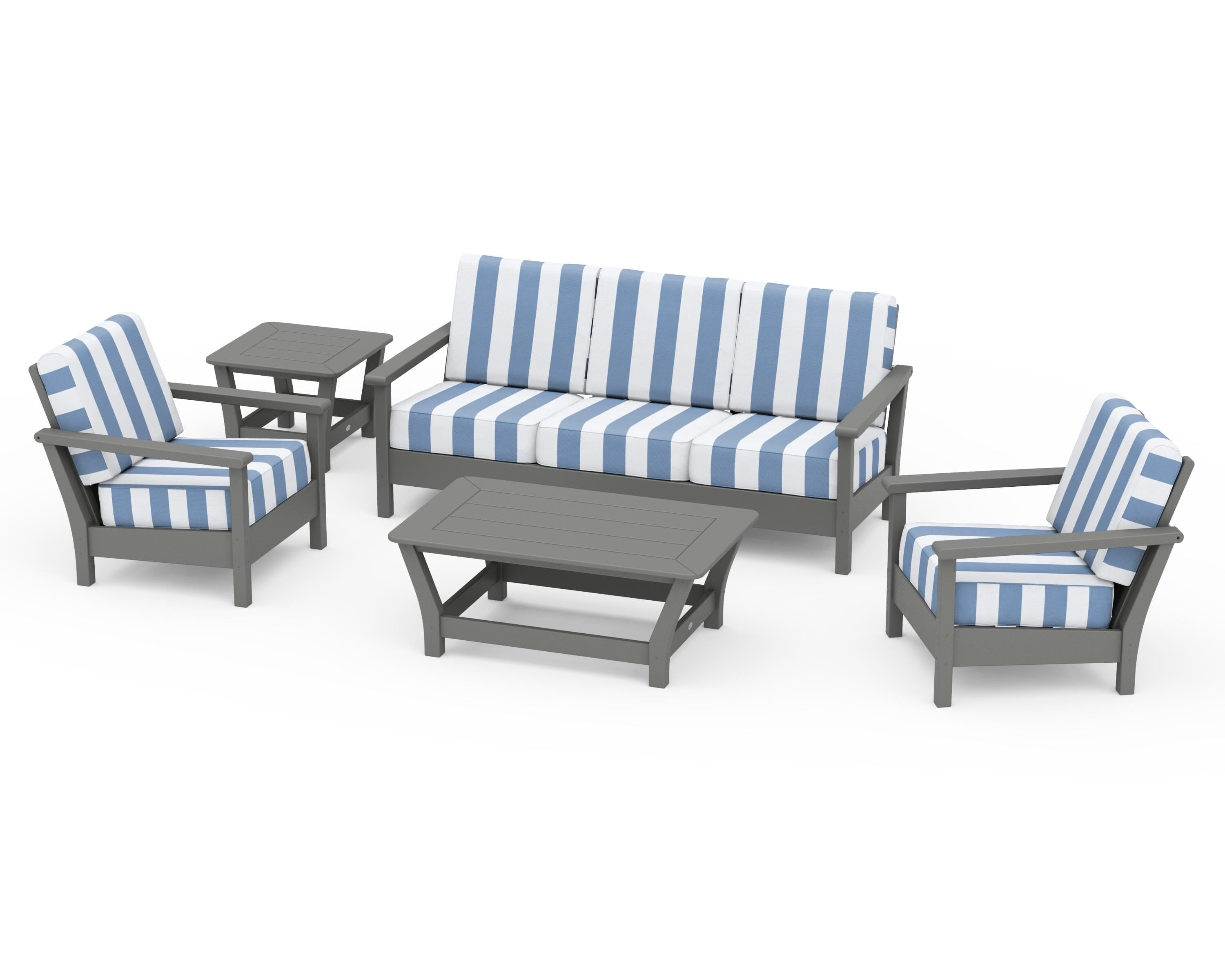 POLYWOOD® Harbour 5-Piece Deep Seating Set in Slate Grey / Cabana Stripe Sky Blue
