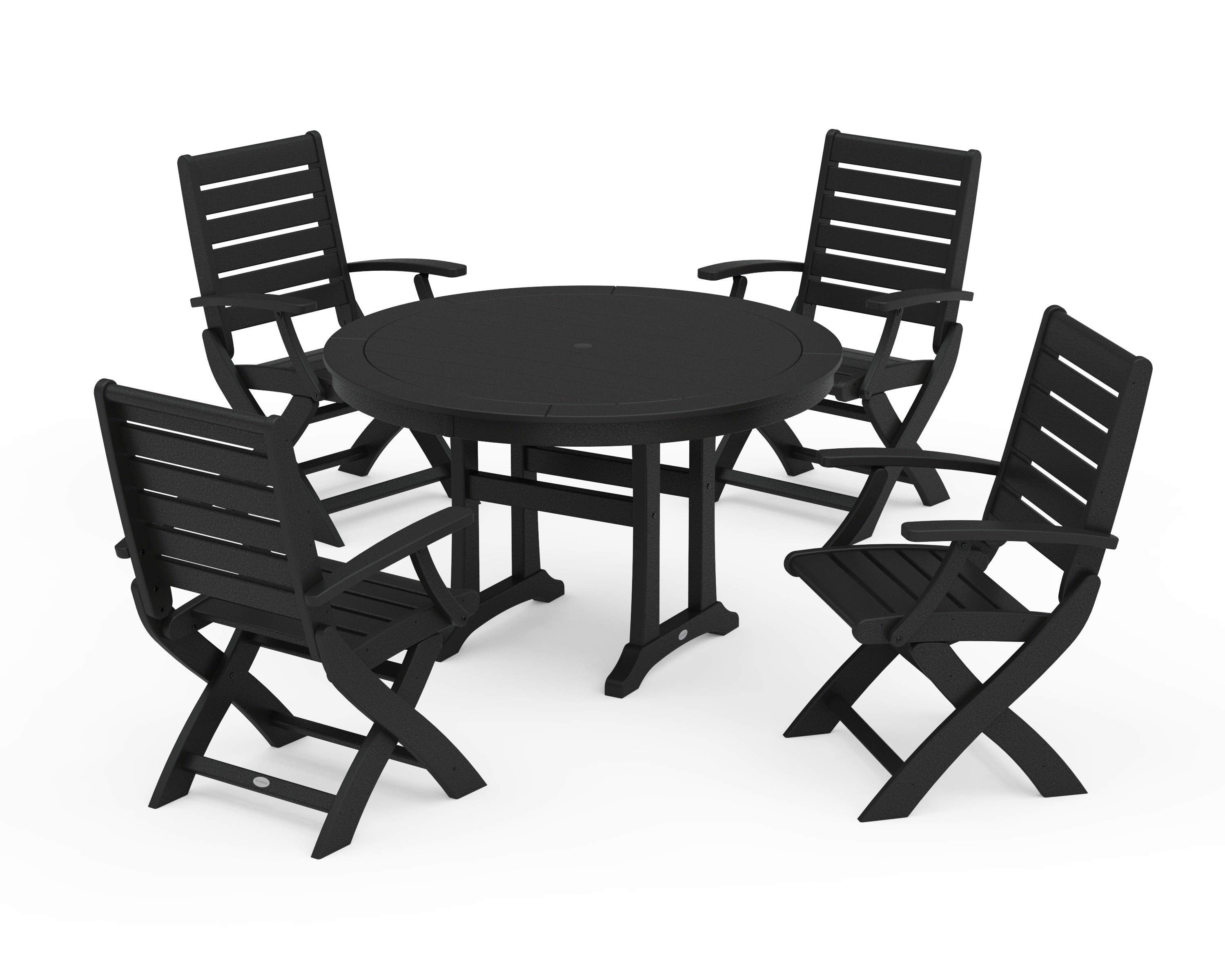 POLYWOOD® Signature Folding Chair 5-Piece Round Dining Set with Trestle Legs in Black
