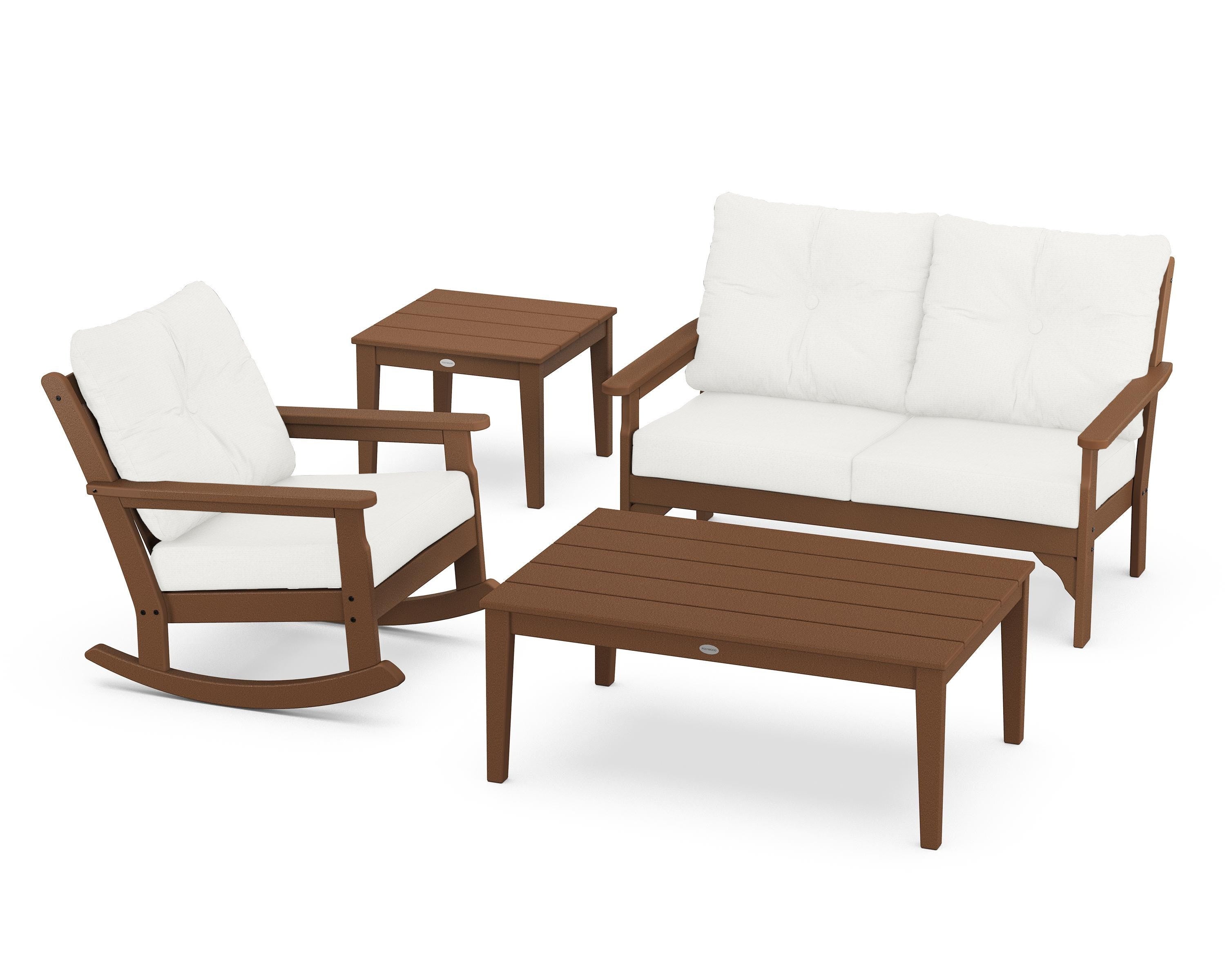POLYWOOD® Vineyard 4-Piece Deep Seating Rocker Set in Teak / Natural Linen