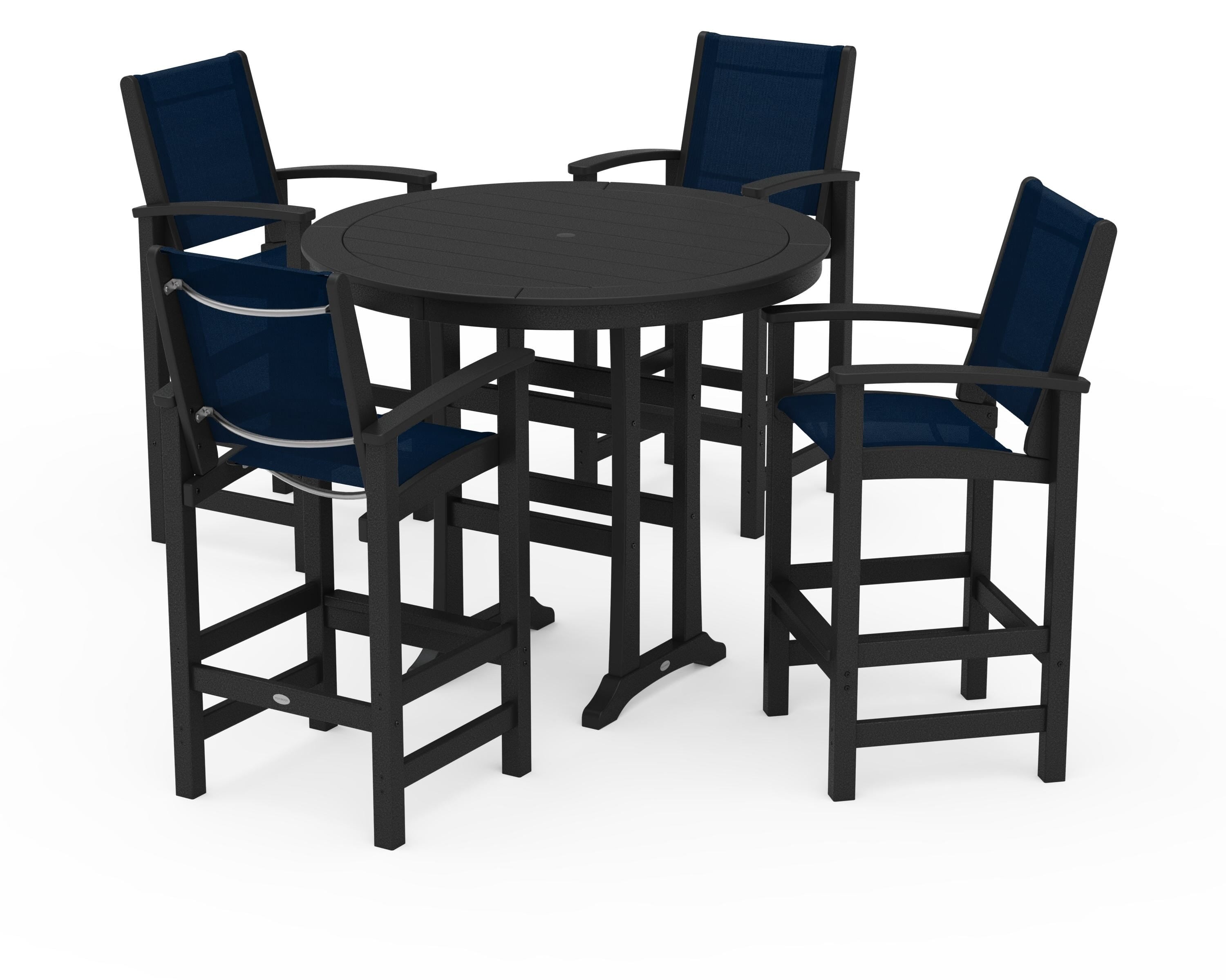 POLYWOOD® Coastal 5-Piece Nautical Trestle Bar Set in Black / Navy Blue Sling