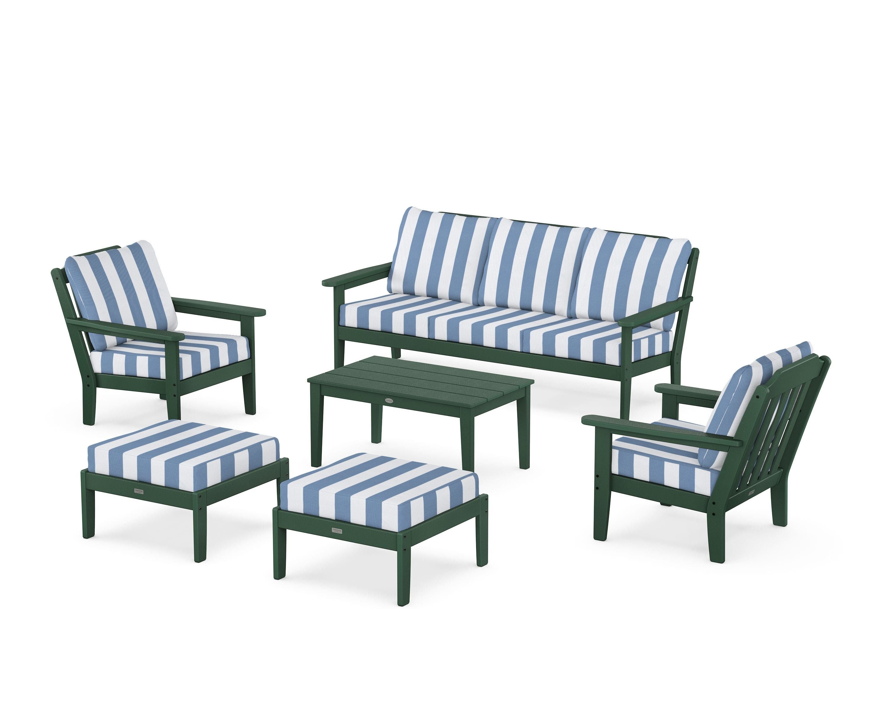 Country Living Cottage 6-Piece Lounge Sofa Set in Green / Cabana Stripe Sky Blue