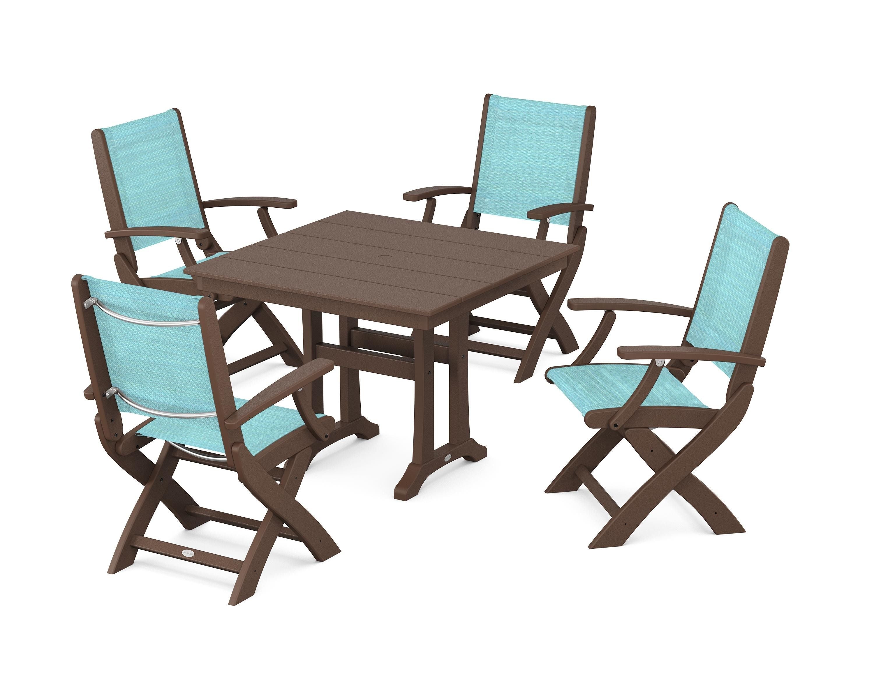 POLYWOOD® Coastal Folding Chair 5-Piece Farmhouse Dining Set With Trestle Legs in Mahogany / Dupioni Aquamarine Sling