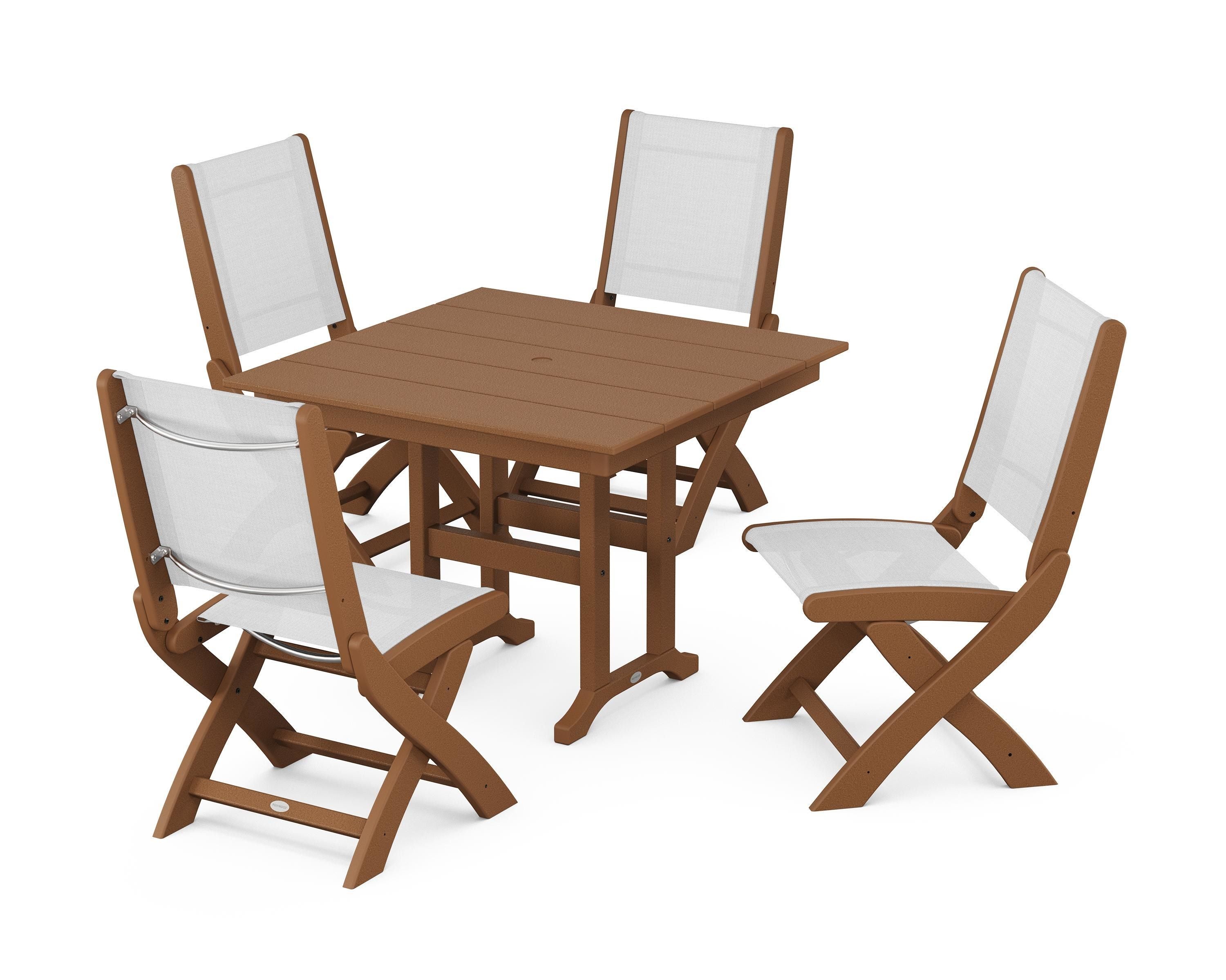 POLYWOOD® Coastal Folding Side Chair 5-Piece Farmhouse Dining Set in Teak / White Sling