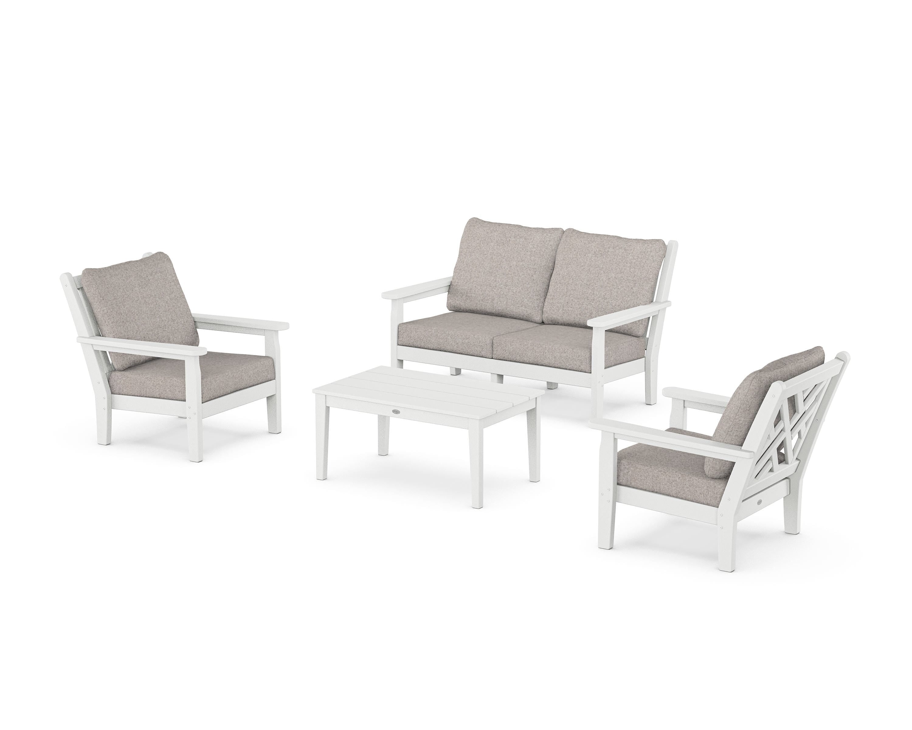 POLYWOOD® Chippendale 4-Piece Deep Seating Set with Loveseat in White / Weathered Tweed