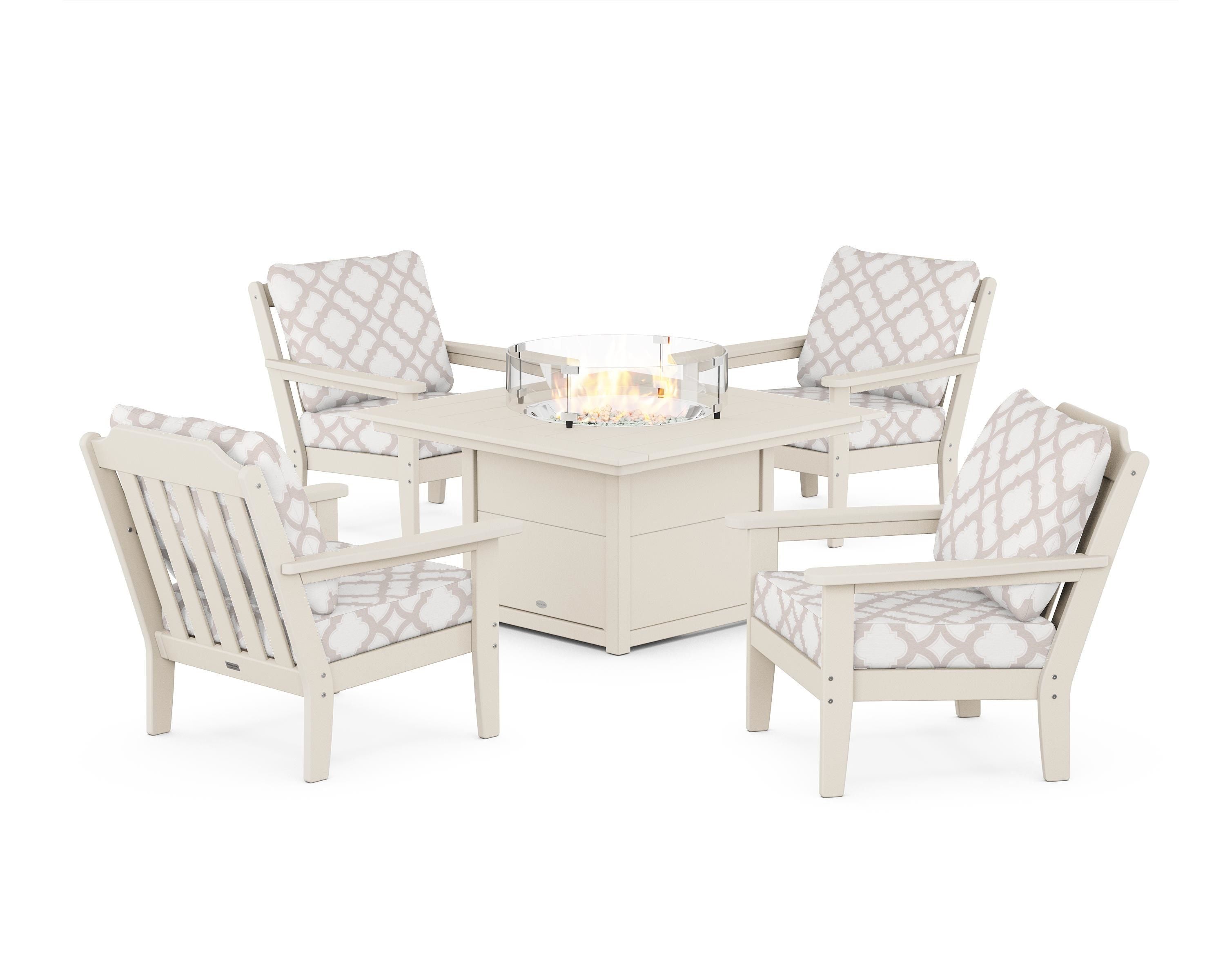 Country Living Cottage 5-Piece Deep Seating Set with Fire Pit Table in Sand / Trellis Dune Burlap