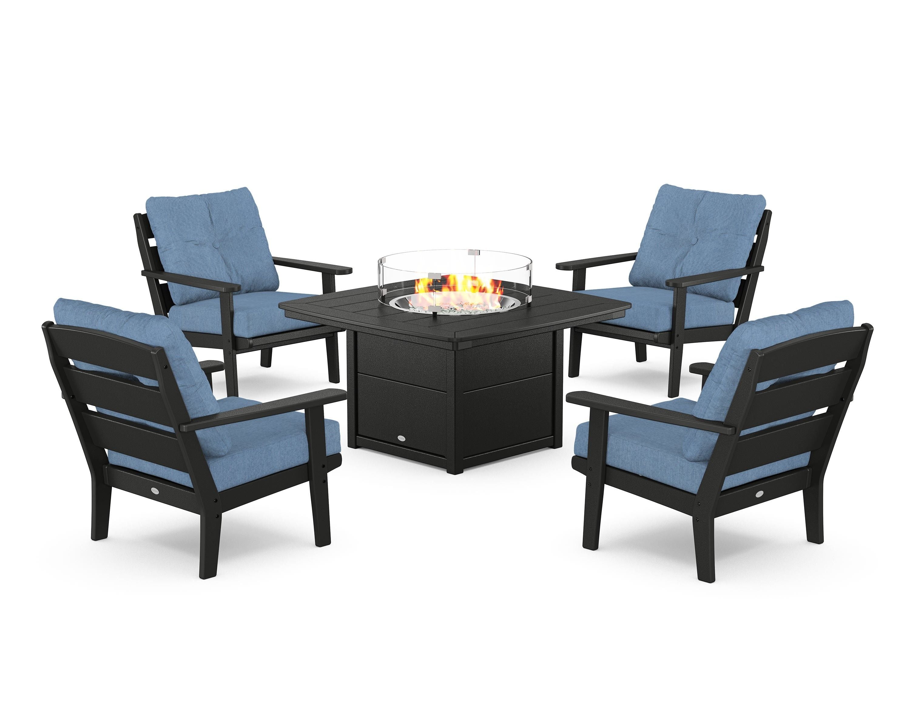POLYWOOD® Lakeside 5-Piece Deep Seating Set with Nautical Fire Pit Table in Black / Sky Blue